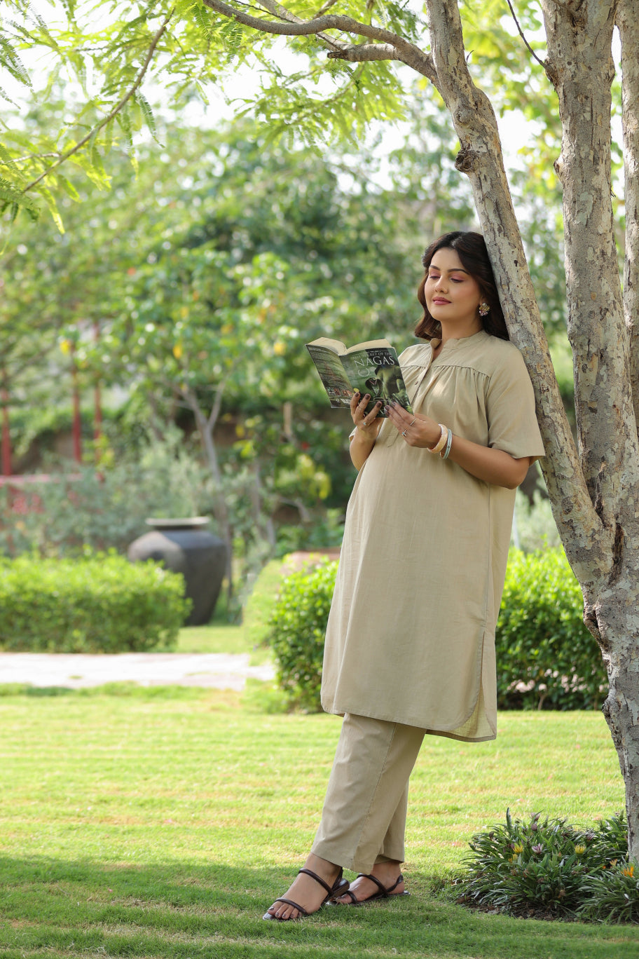 Sahara Sand Cotton Slub Maternity - Nursing Co-ord Set