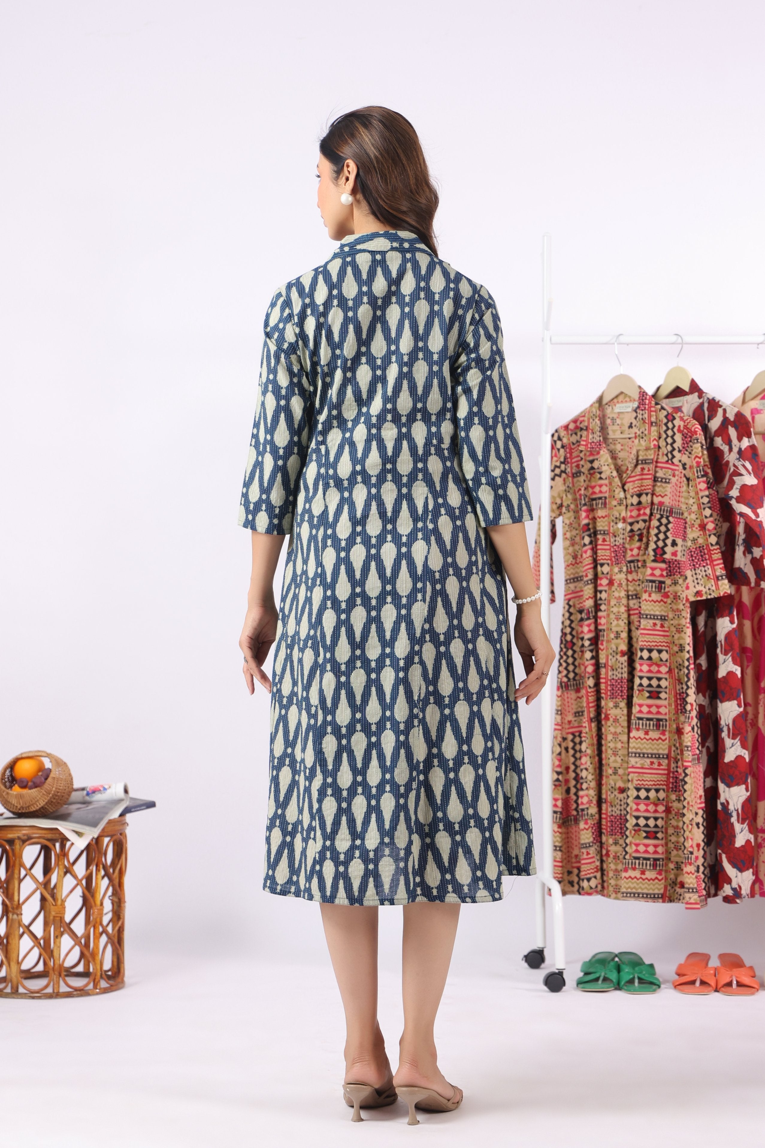 Navy Ikat Raindrop Cotton Maternity - Nursing Dress