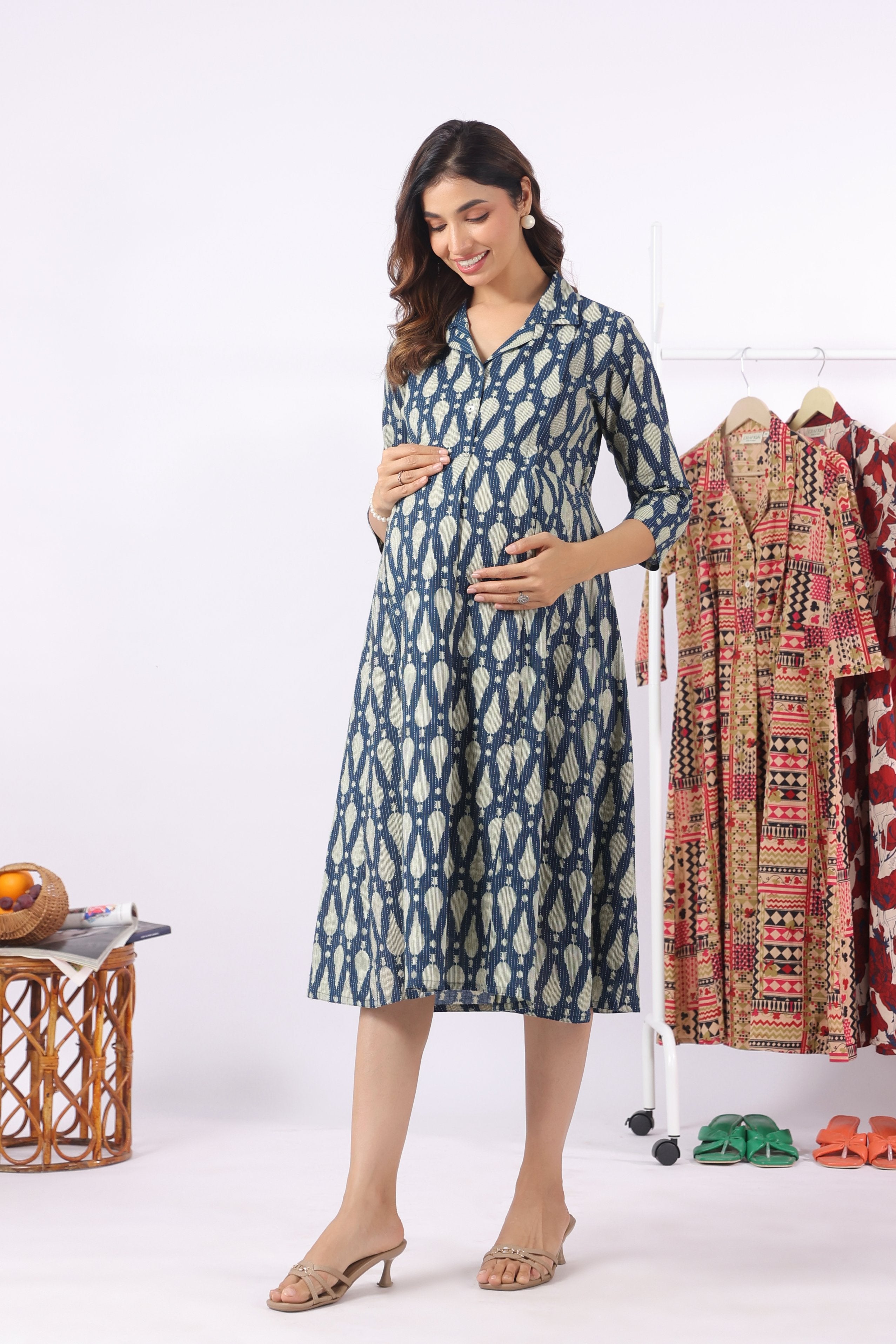 Navy Ikat Raindrop Cotton Maternity - Nursing Dress