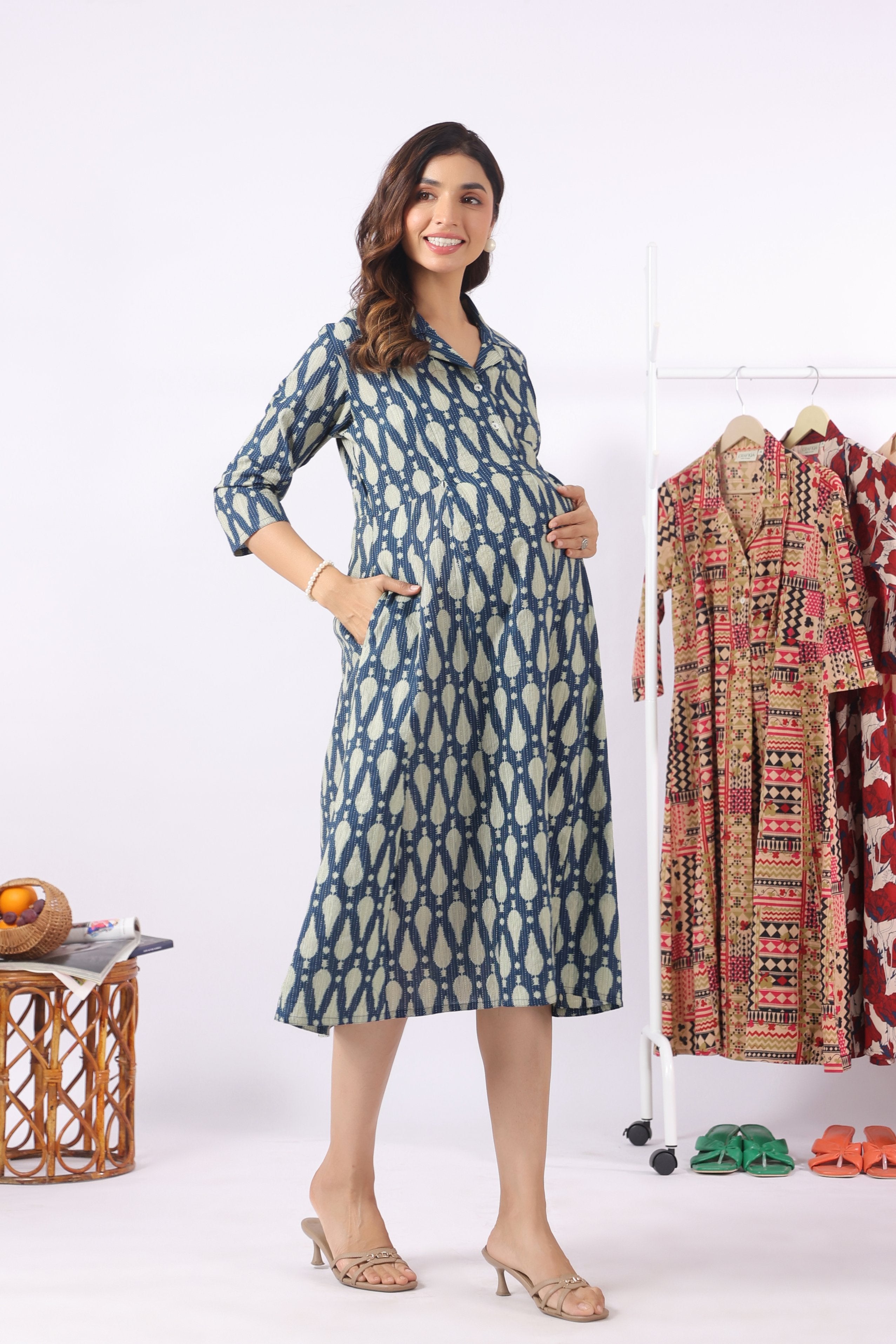Navy Ikat Raindrop Cotton Maternity - Nursing Dress