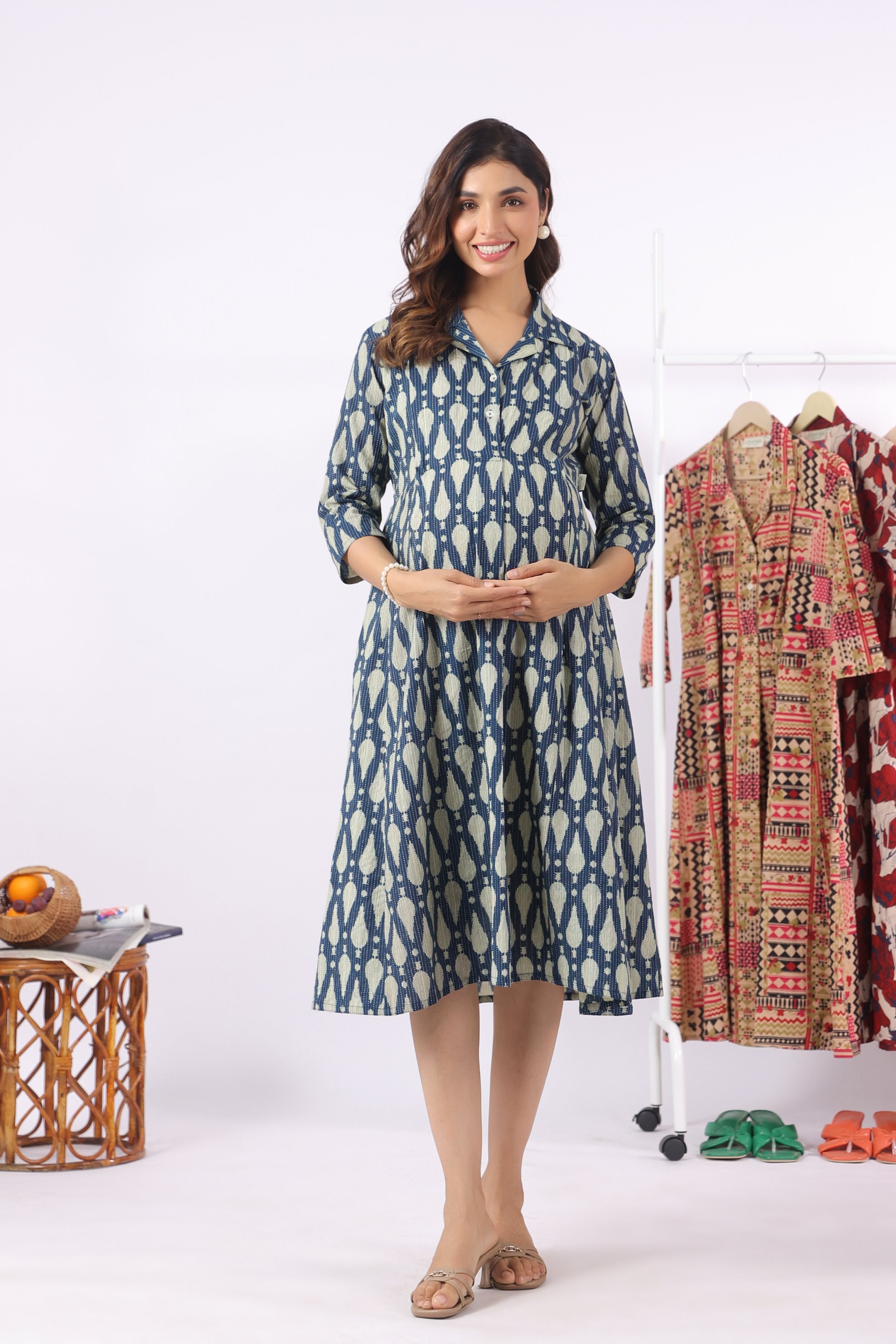 Navy Ikat Raindrop Cotton Maternity - Nursing Dress