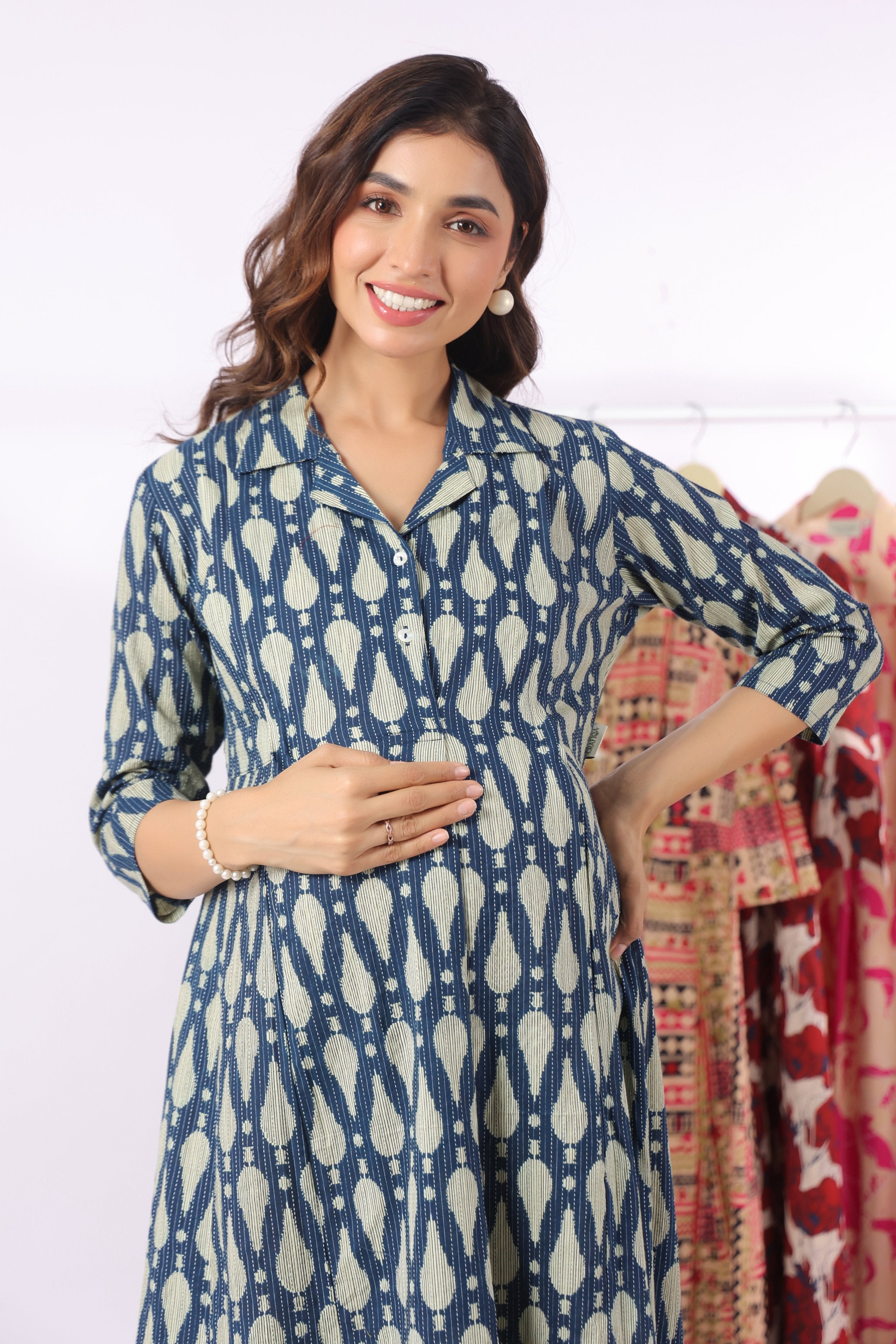 Navy Ikat Raindrop Cotton Maternity - Nursing Kurta