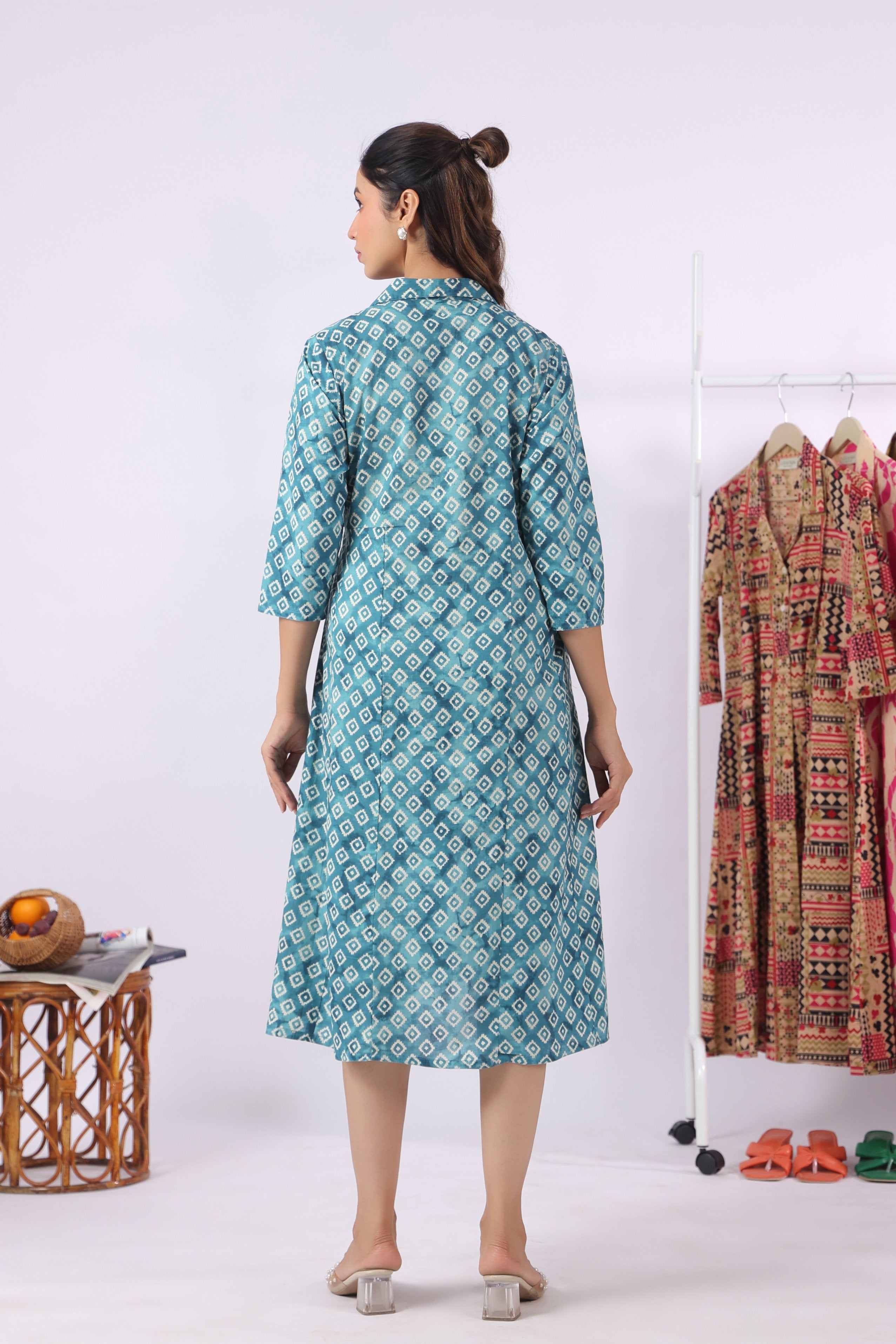 Teal Ikat Diamonds Cotton Maternity - Nursing Dress