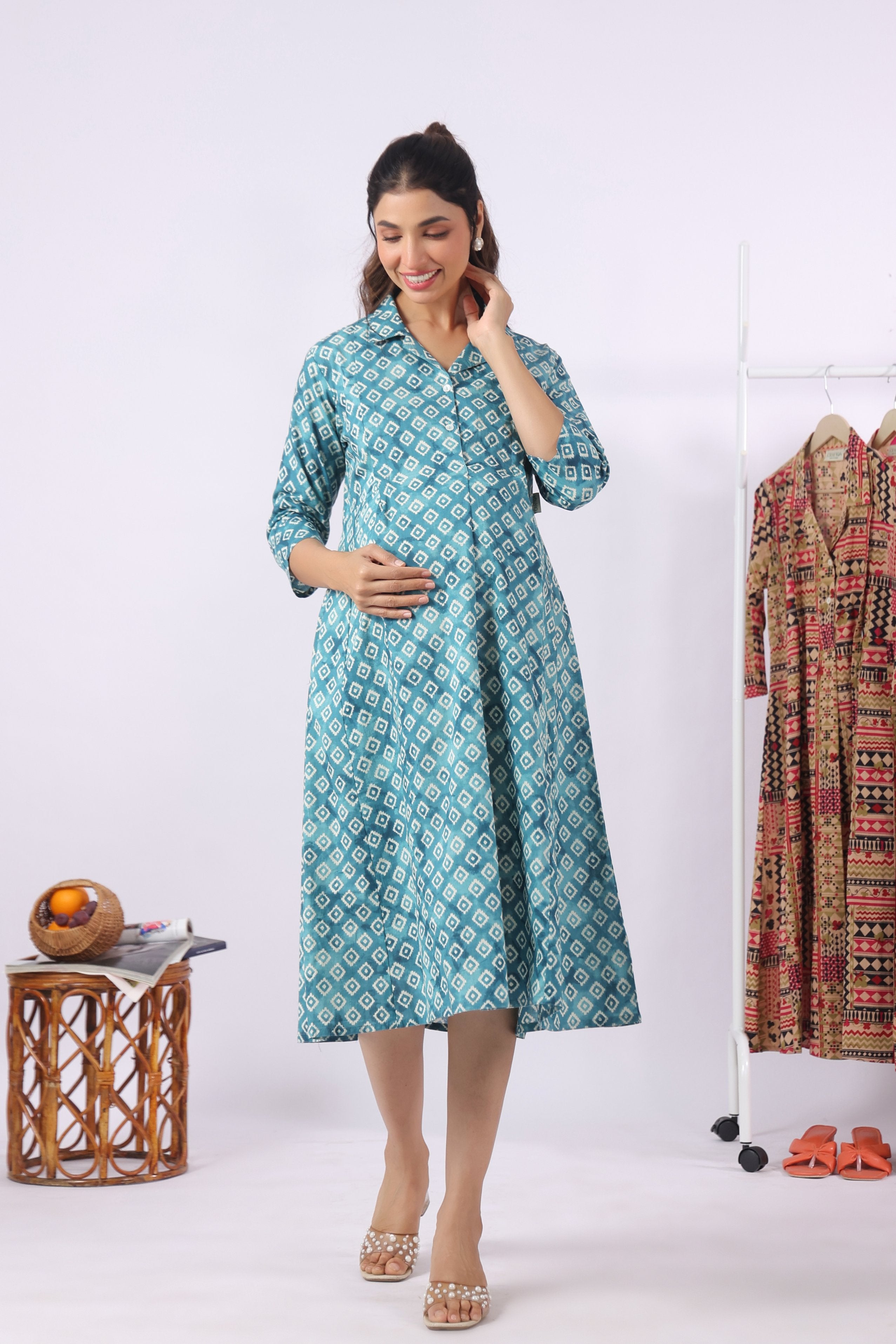 Teal Ikat Diamonds Cotton Maternity - Nursing Dress