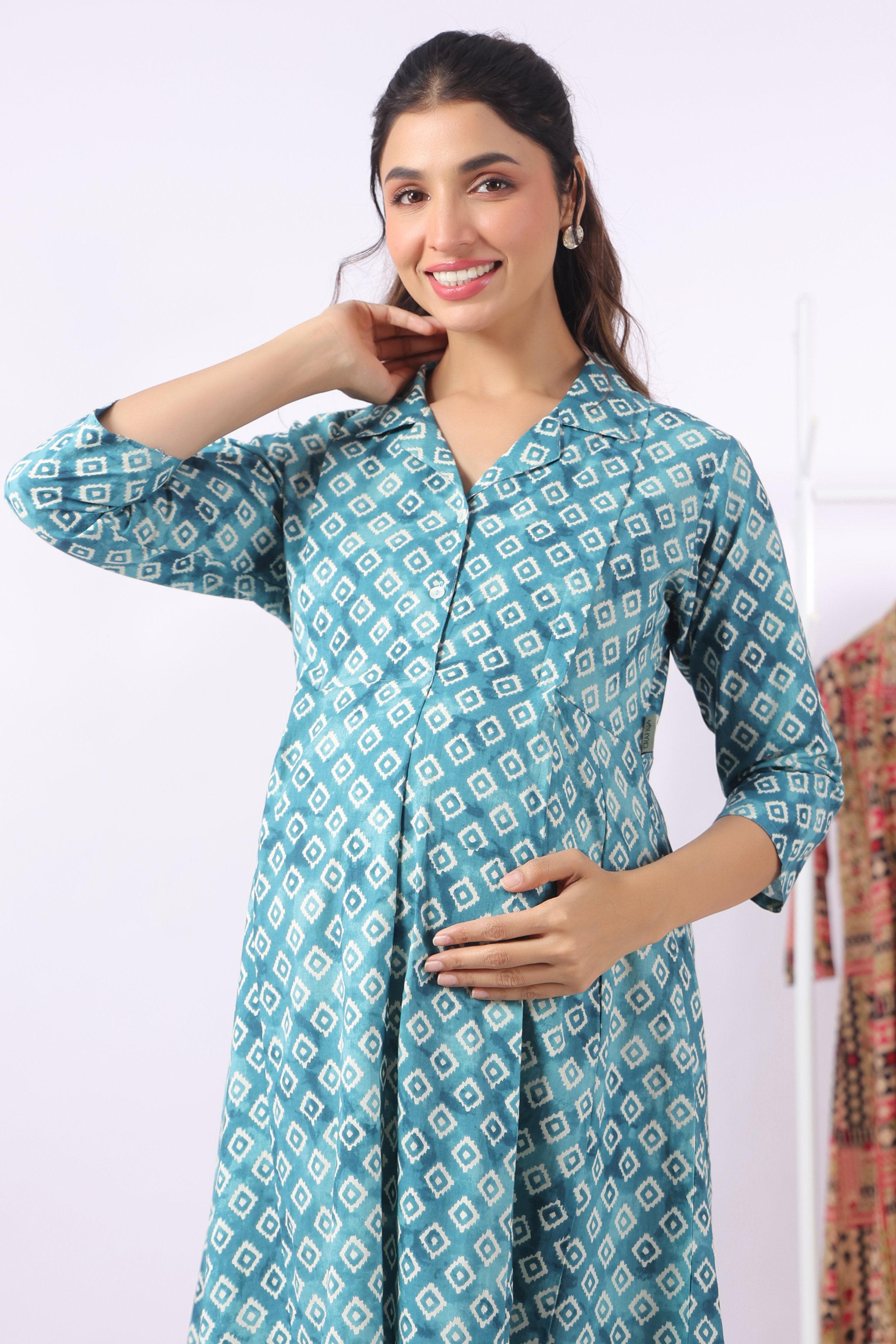 Teal Ikat Diamonds Cotton Maternity - Nursing Kurta