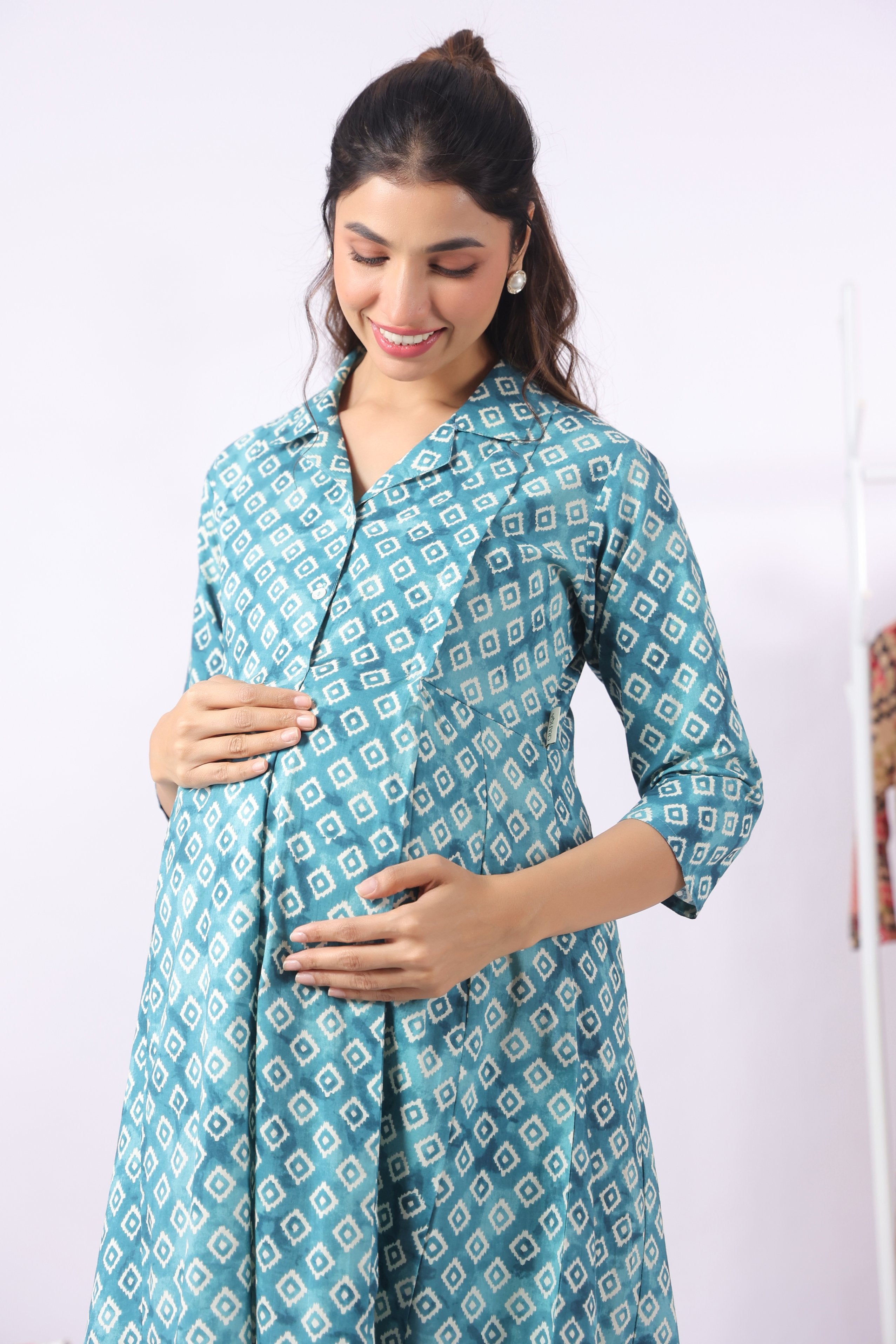 Teal Ikat Diamonds Cotton Maternity - Nursing Kurta