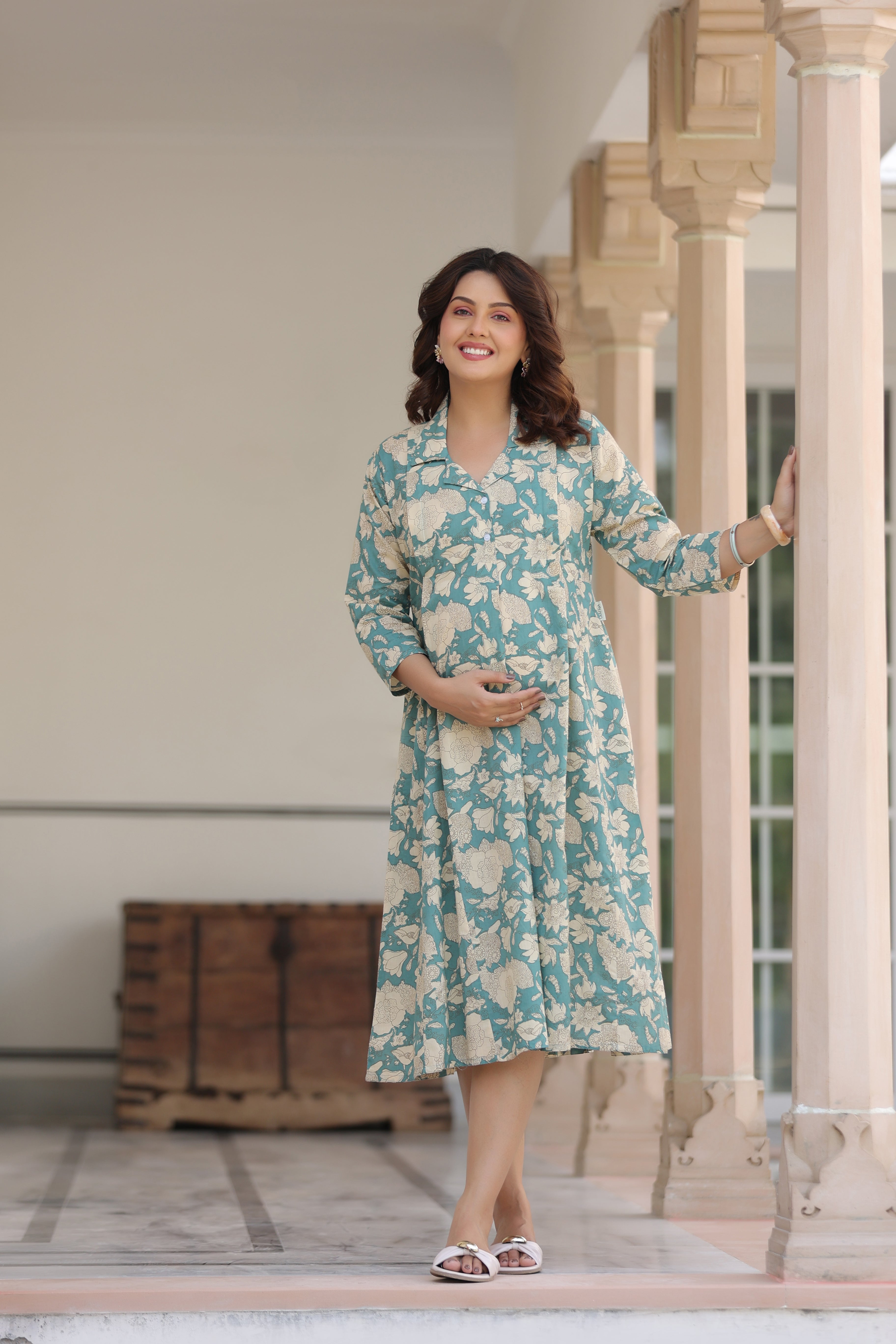 Teal Gardenia Cotton Maternity - Nursing Dress