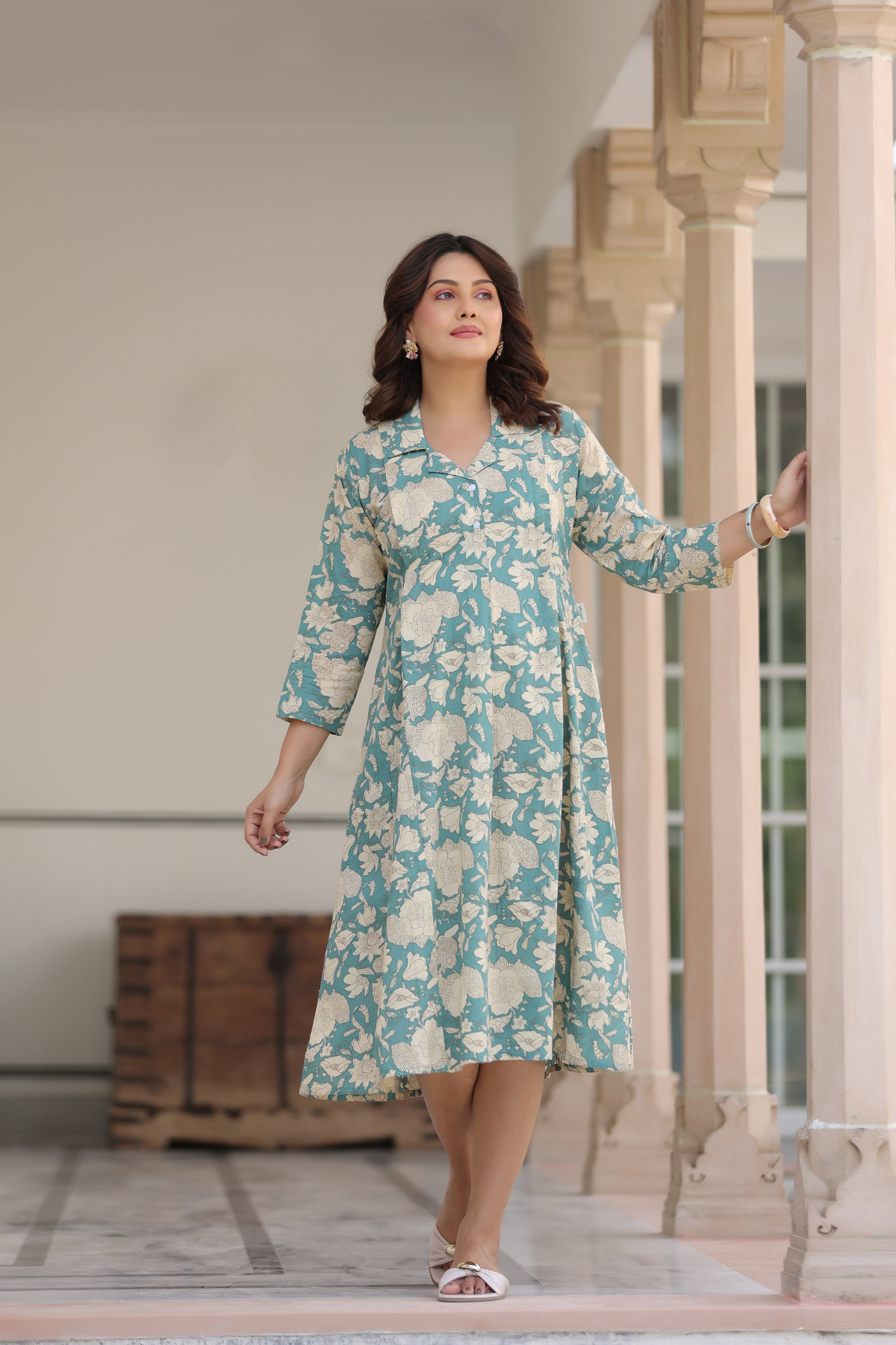 Teal Gardenia Cotton Maternity - Nursing Dress