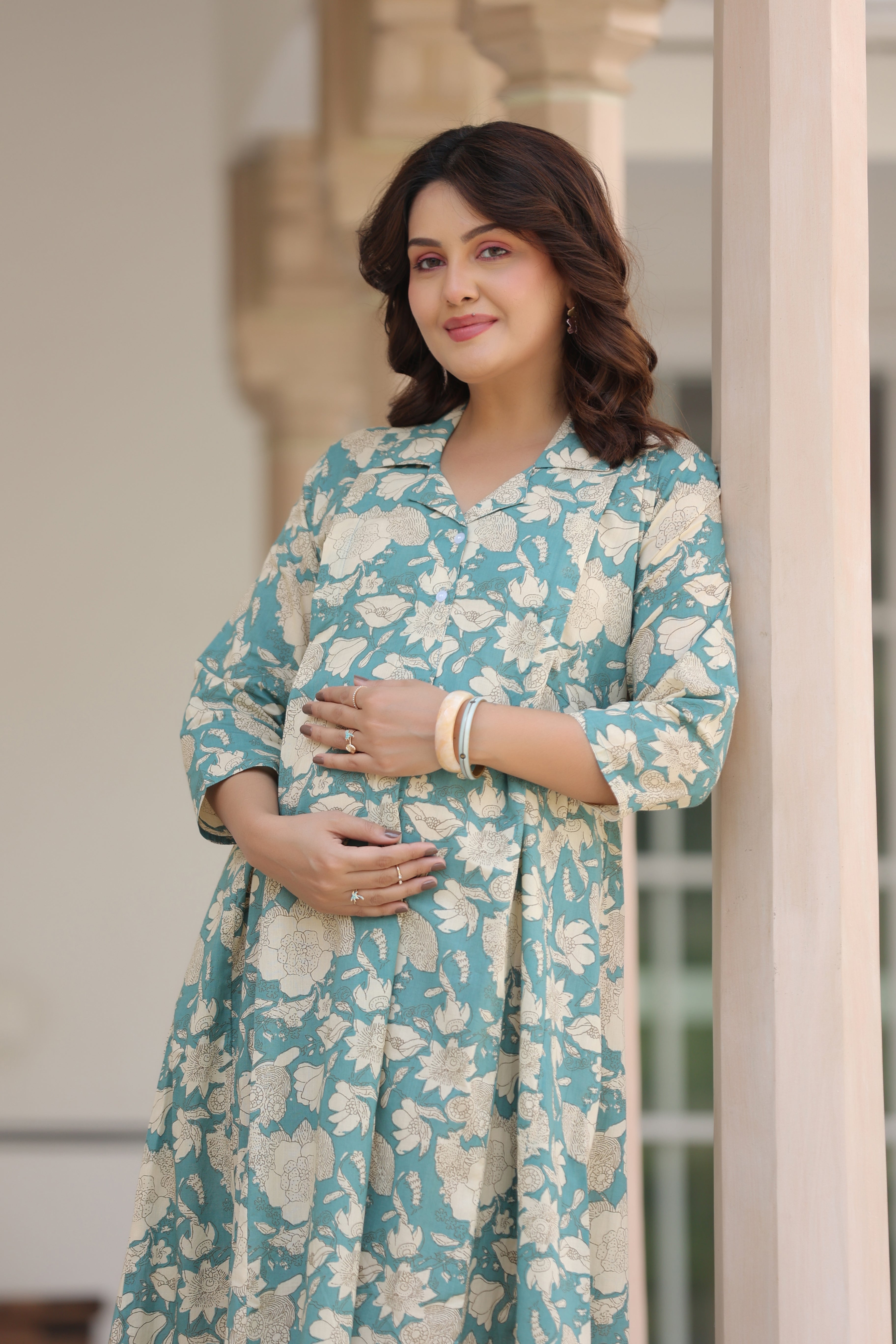 Teal Gardenia Cotton Maternity - Nursing Dress