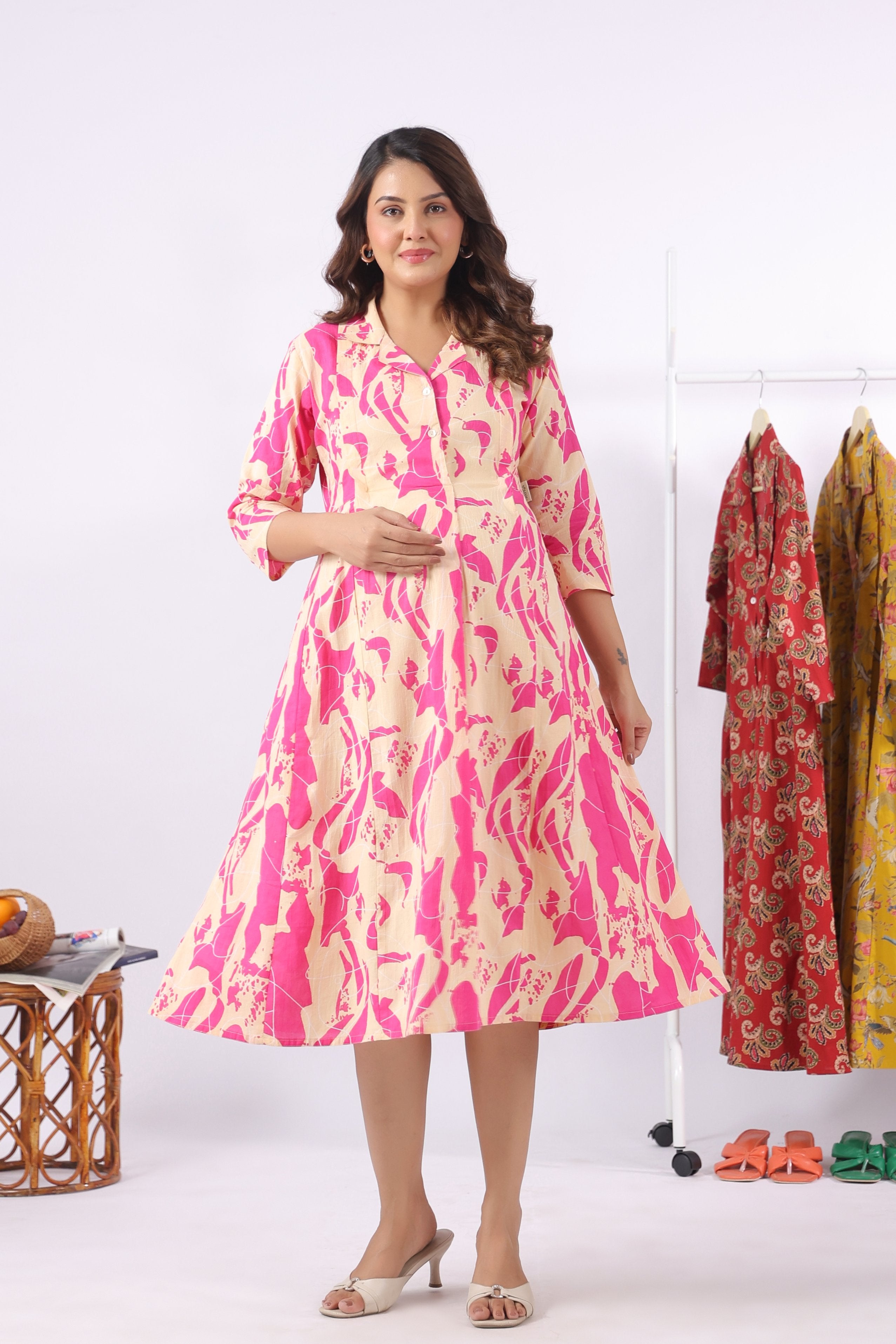 Magenta Wave Sketch Cotton Maternity - Nursing Dress