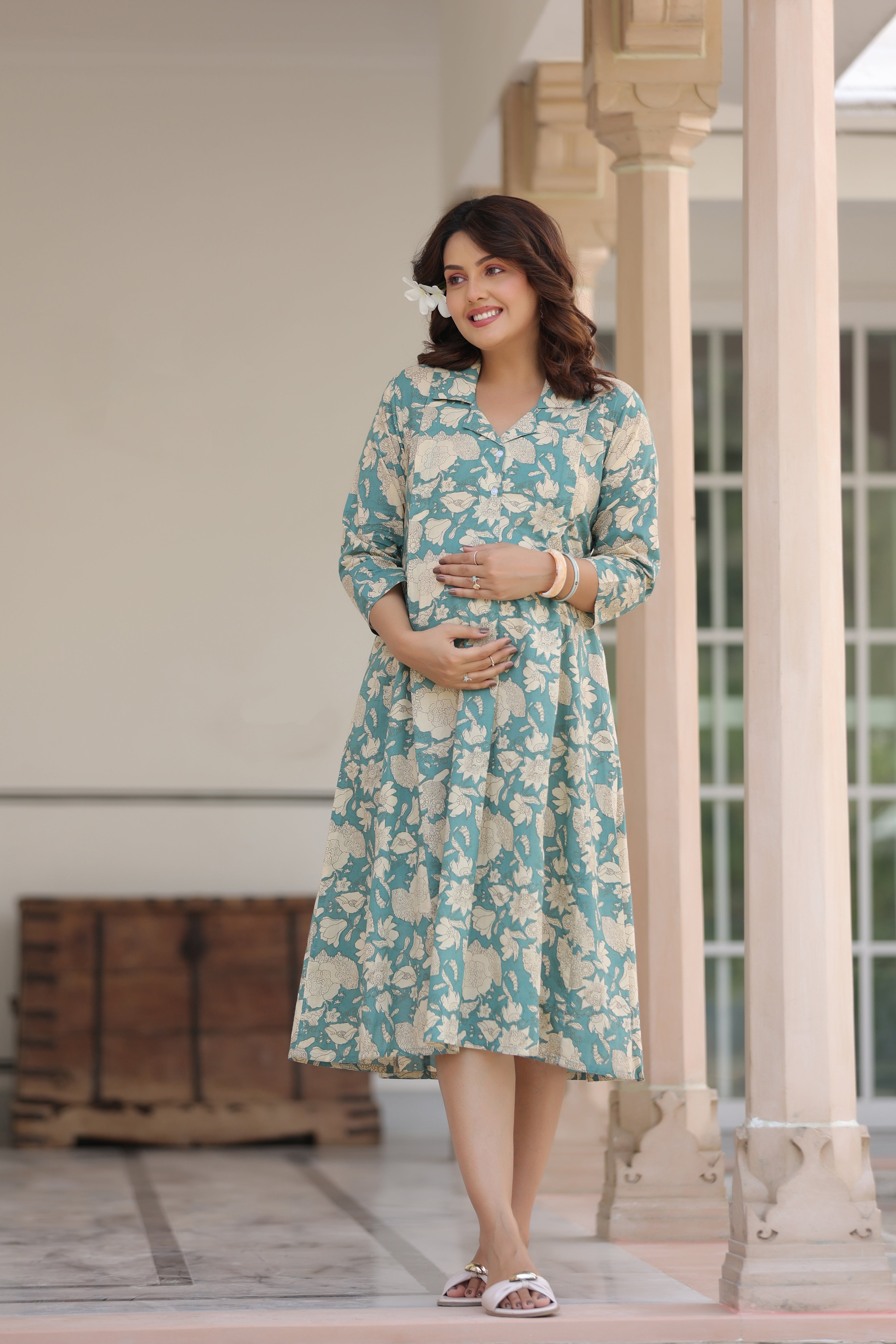 Teal Gardenia Cotton Maternity - Nursing Dress
