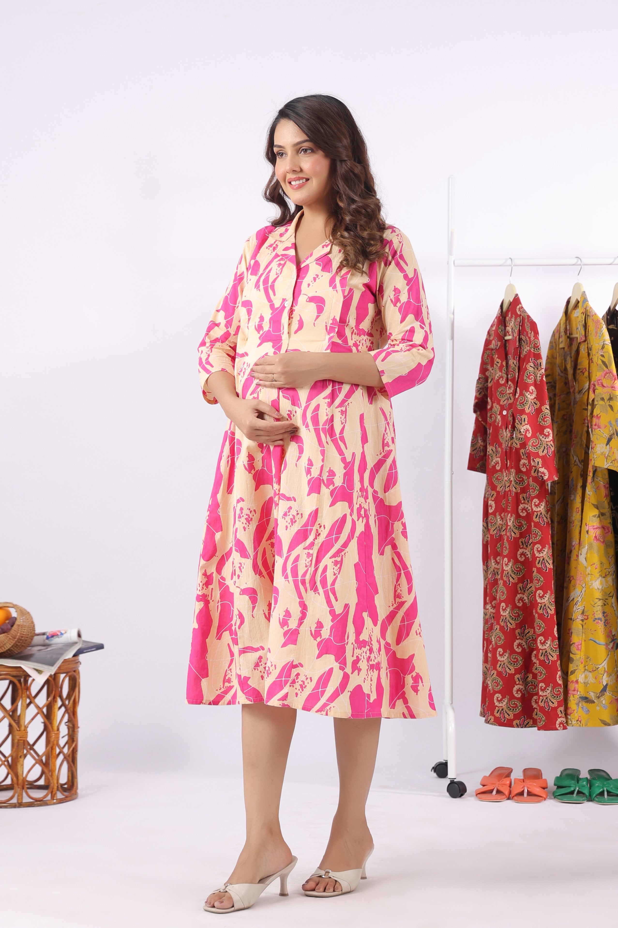 Magenta Wave Sketch Cotton Maternity - Nursing Dress