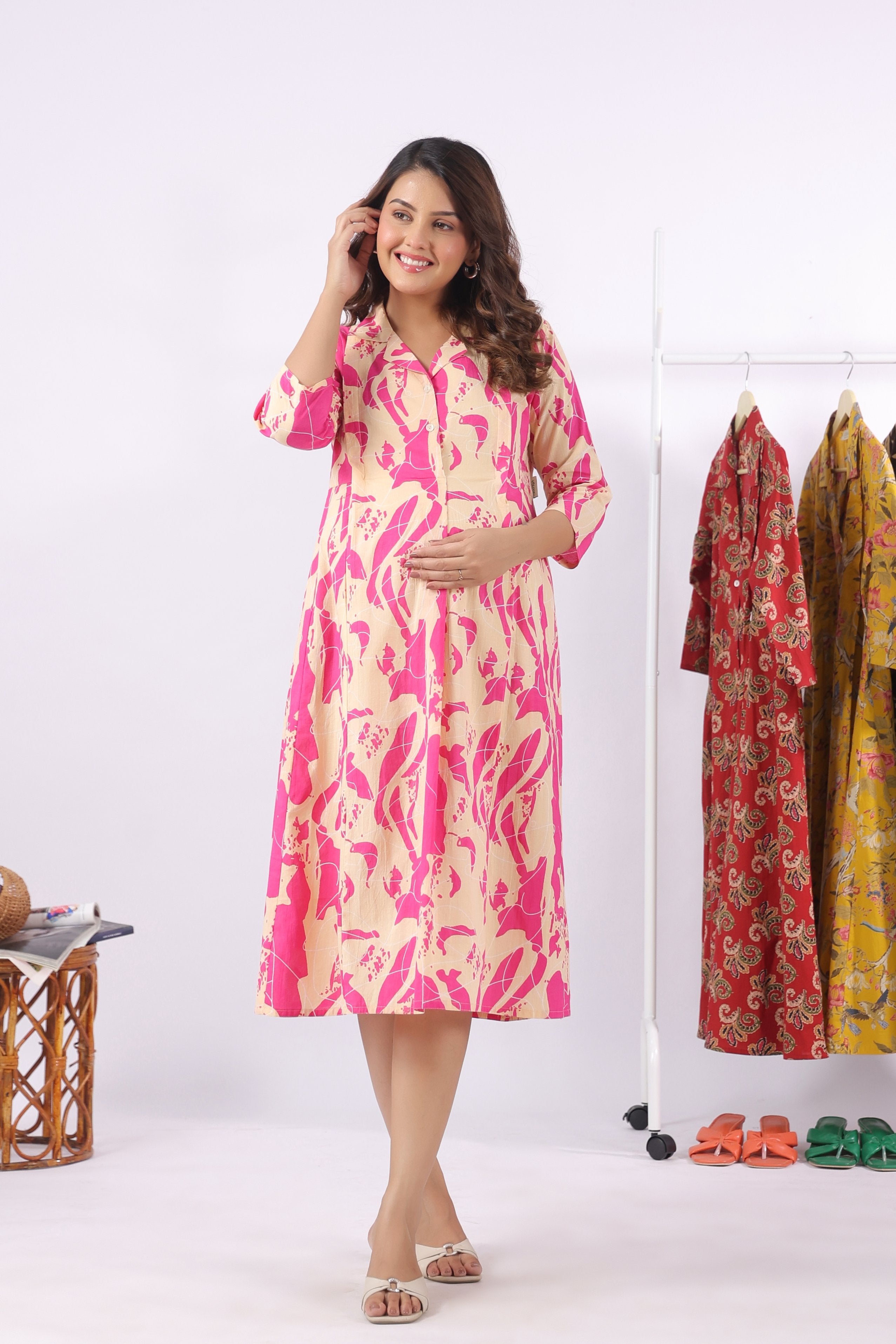 Magenta Wave Sketch Cotton Maternity - Nursing Dress
