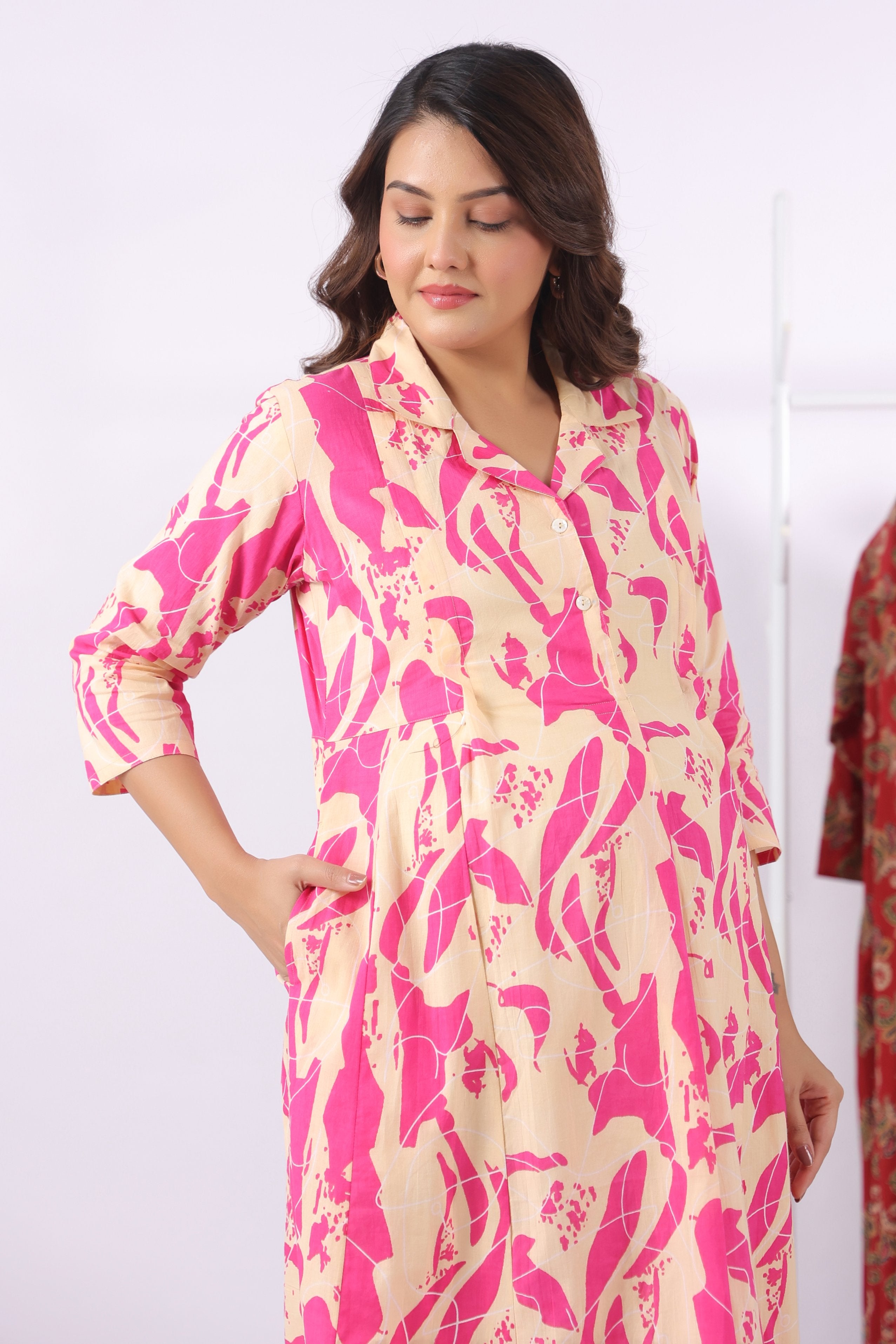 Magenta Wave Sketch Cotton Maternity - Nursing Kurta