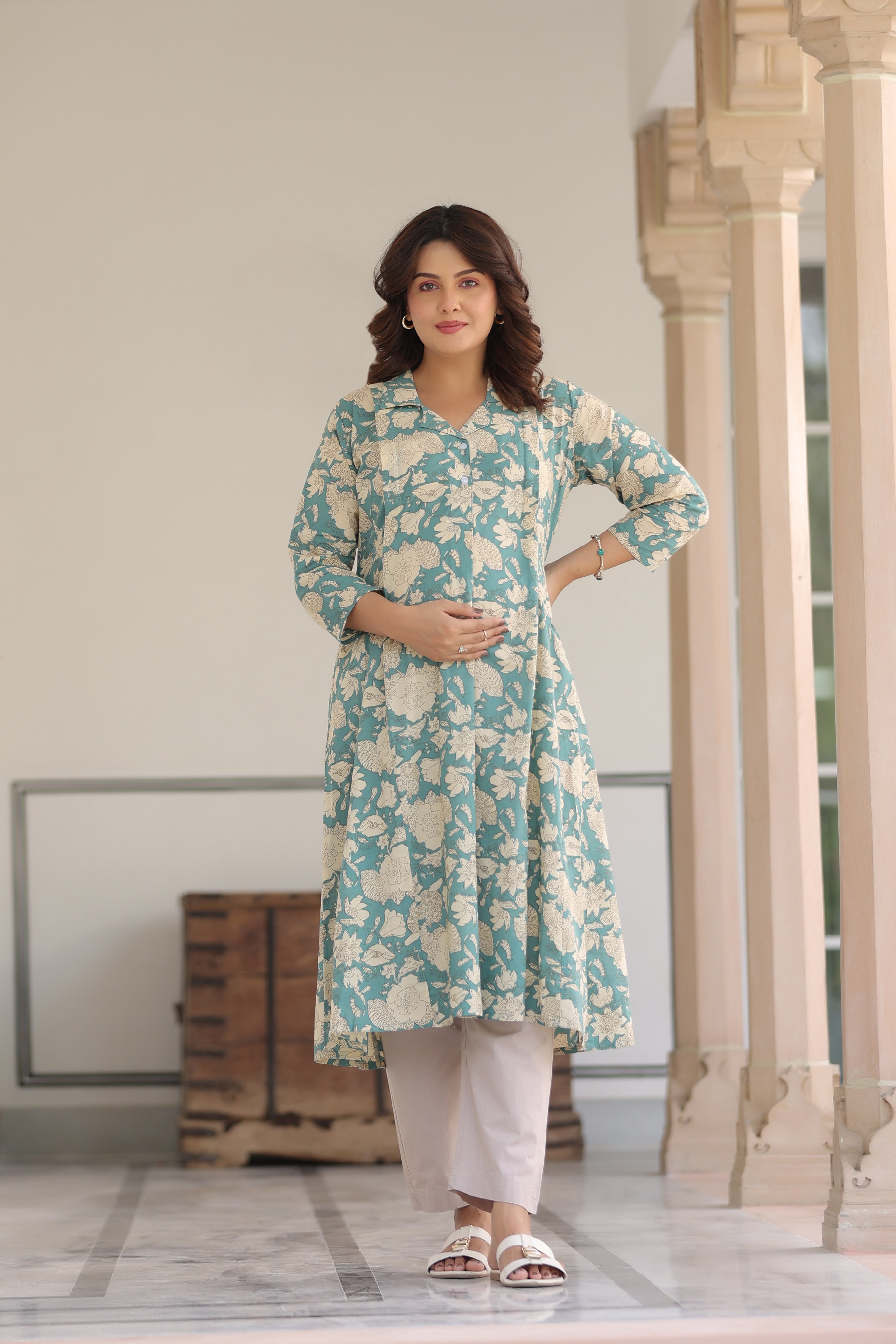 Teal Gardenia Cotton Maternity - Nursing Kurti
