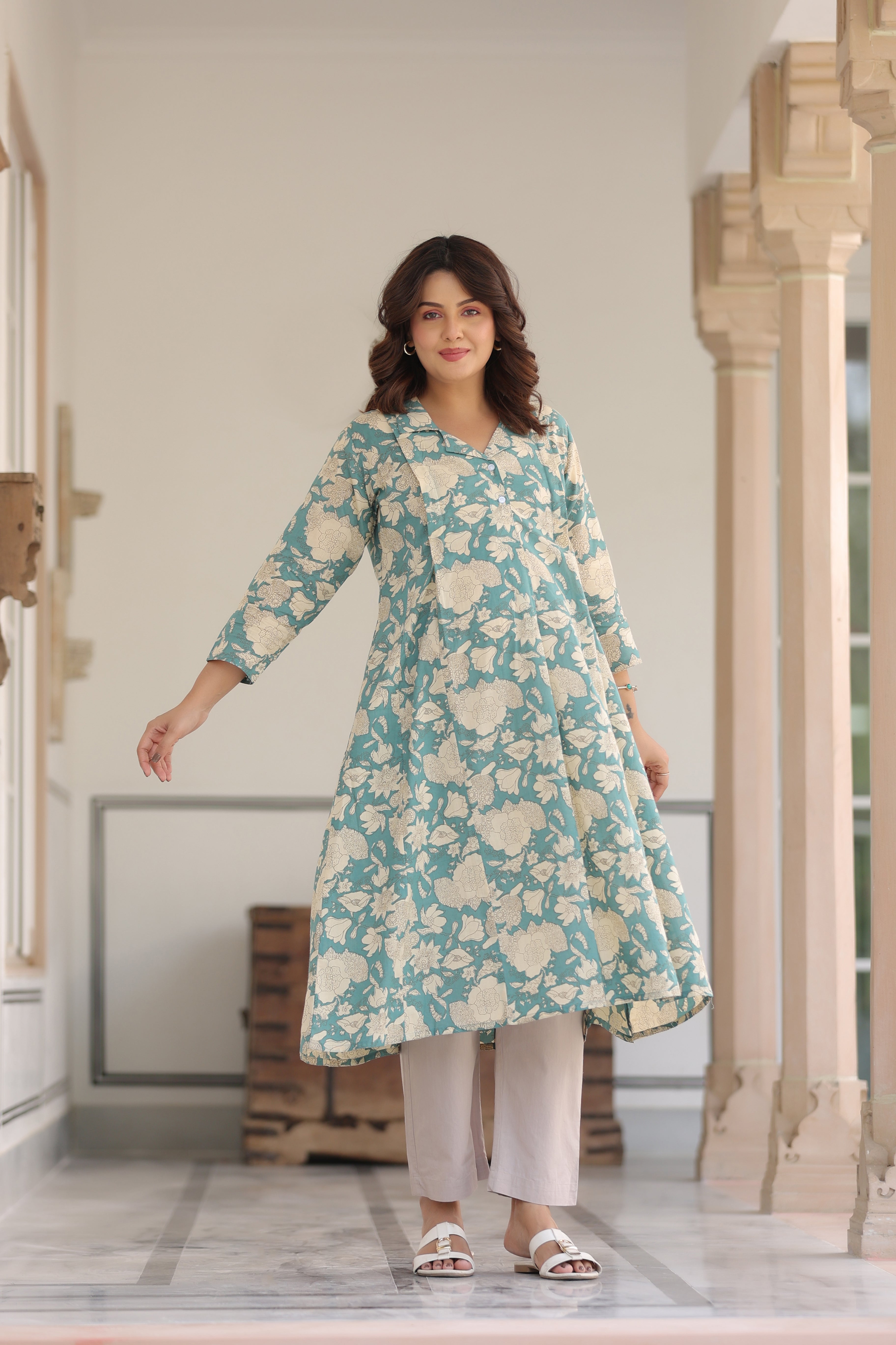 Teal Gardenia Cotton Maternity - Nursing Kurti