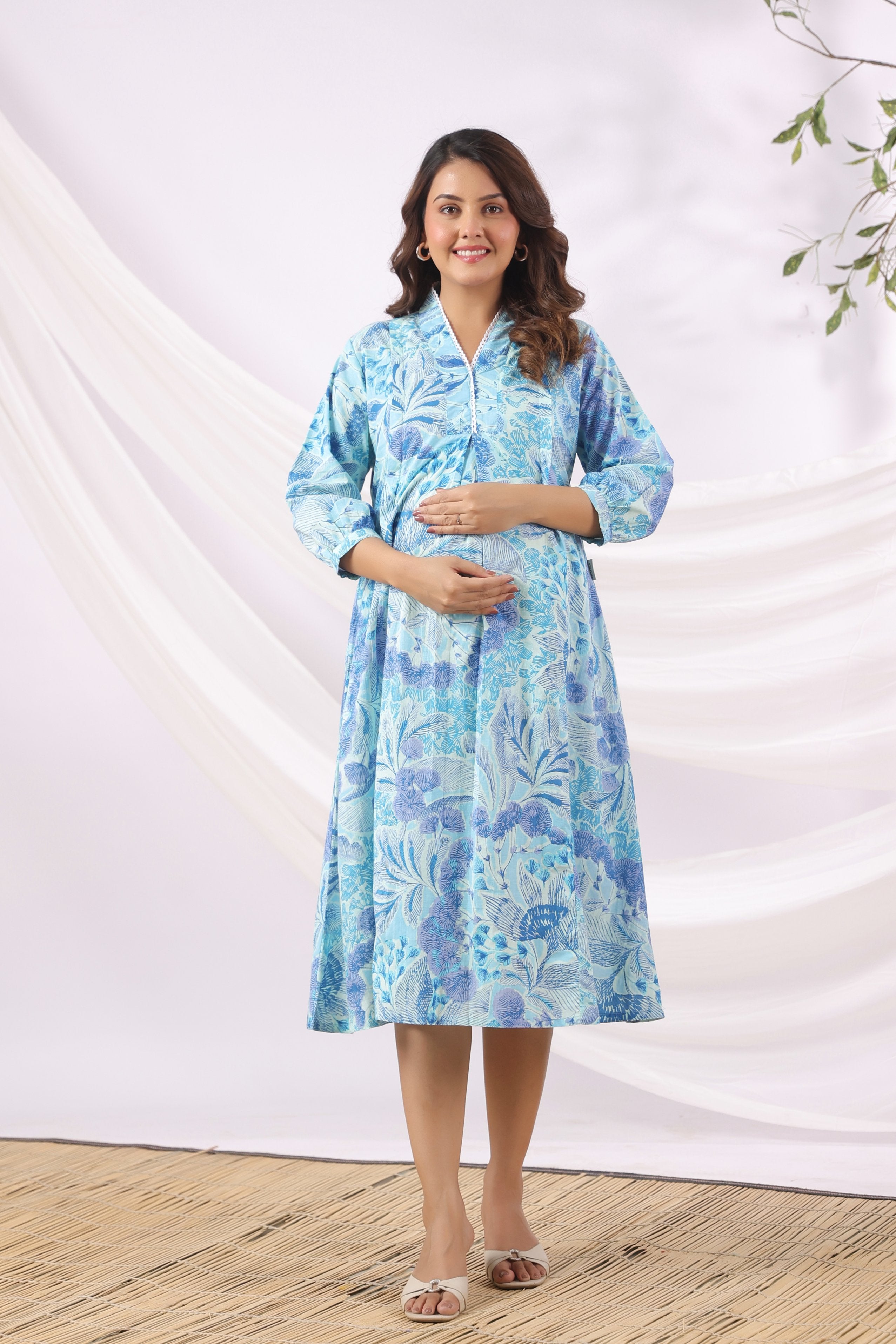 Ocean Petal Sketch Cotton Maternity - Nursing Dress