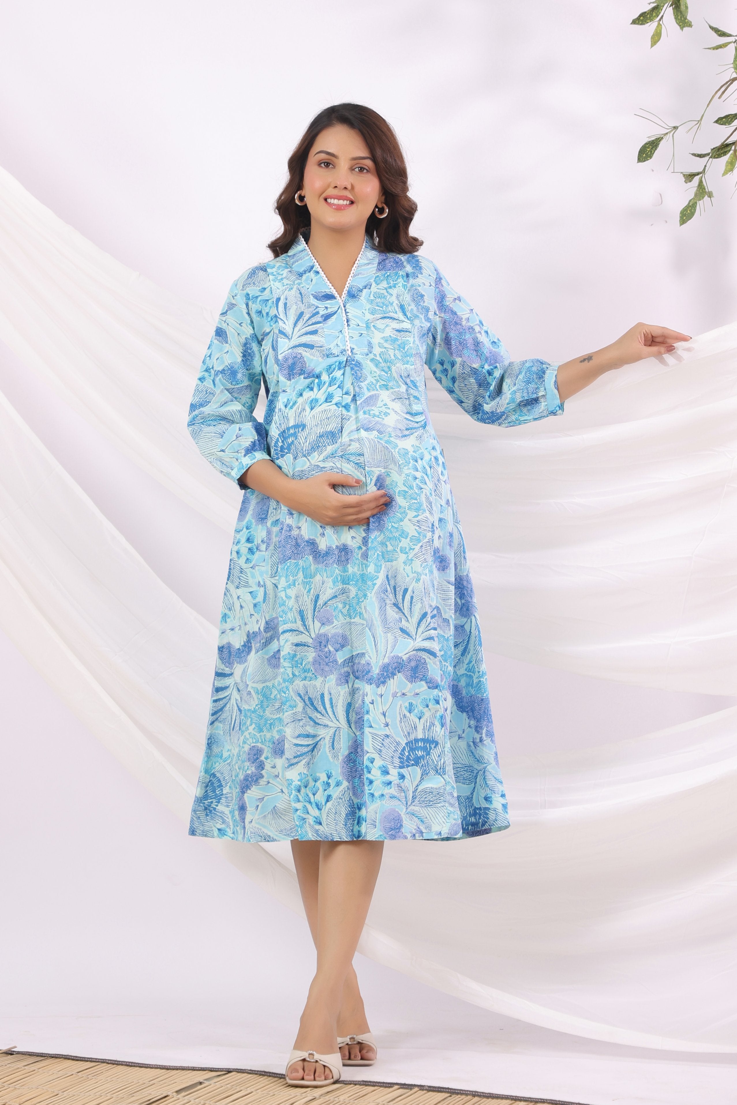 Ocean Petal Sketch Cotton Maternity - Nursing Dress