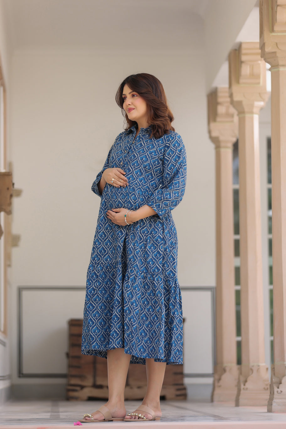 Classic Indigo Cotton Maternity - Nursing Dress