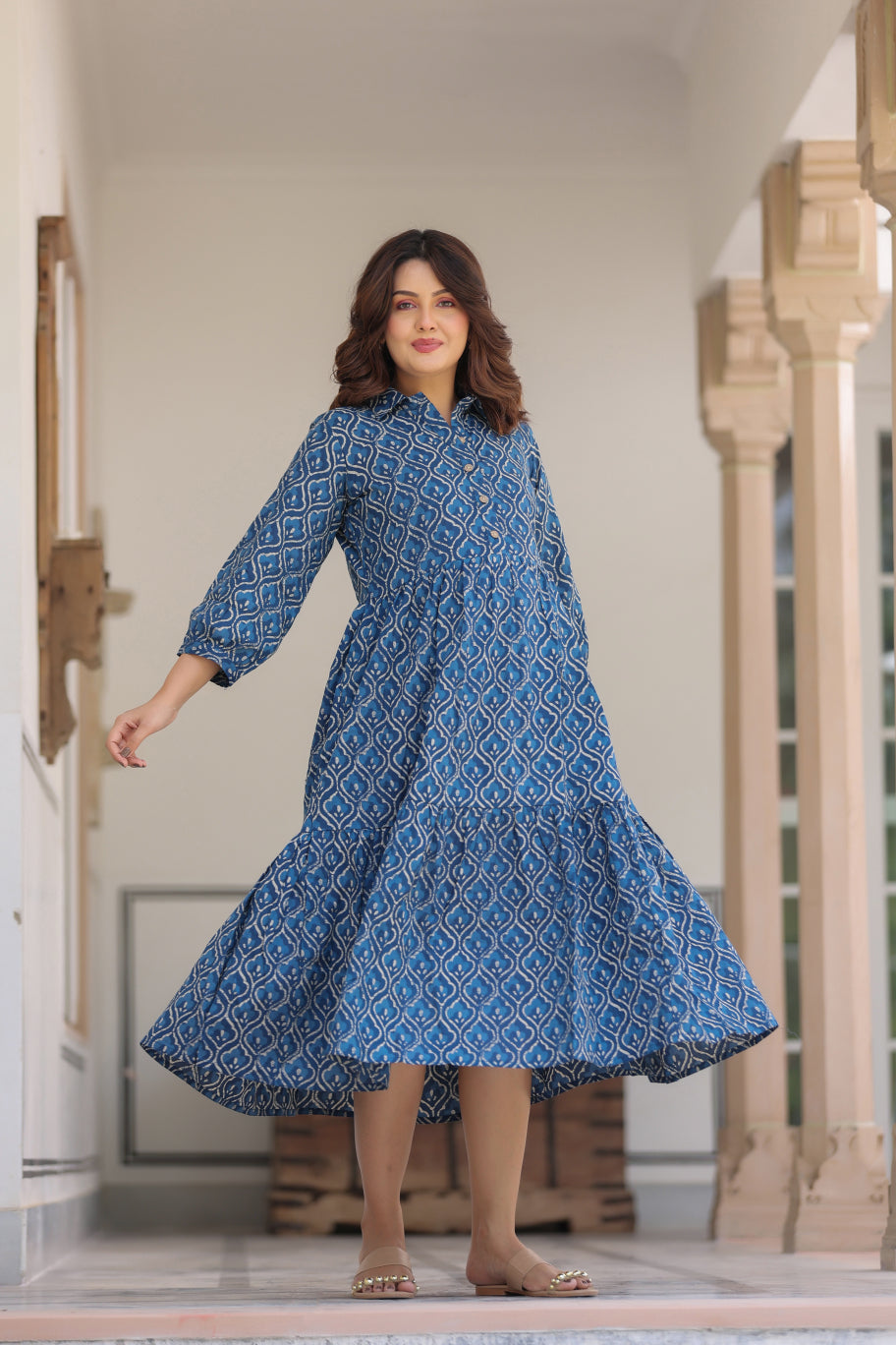 Classic Indigo Cotton Maternity - Nursing Dress