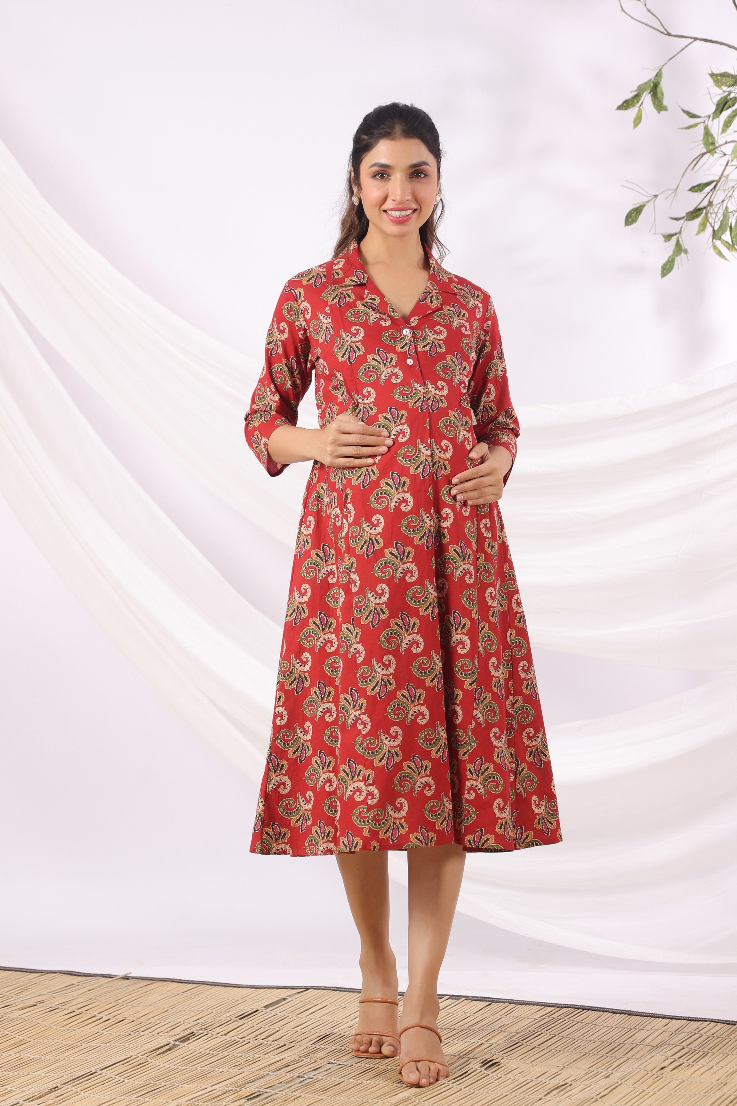 Rajasthani Leaf Motif Cotton Maternity - Nursing Dress