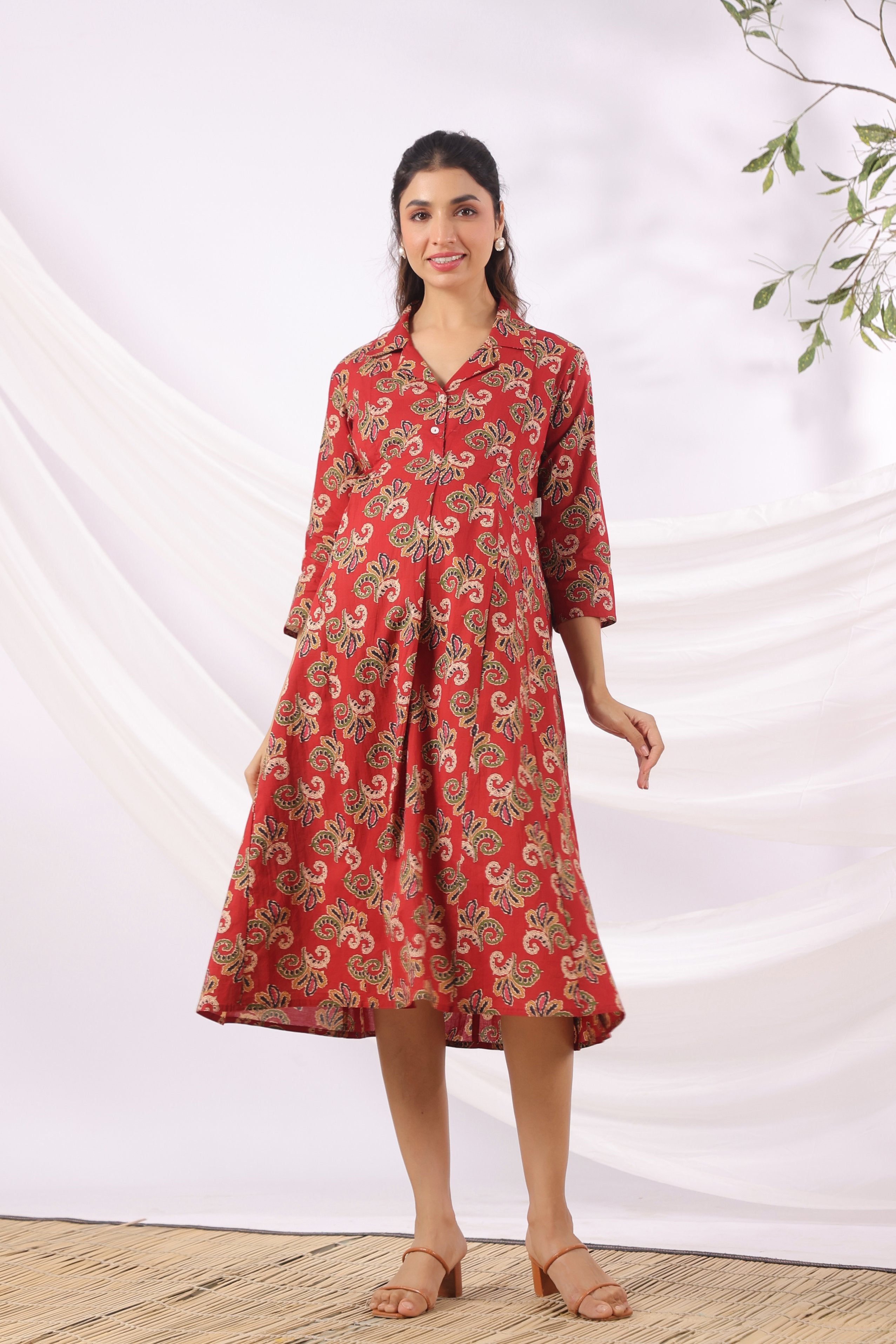 Rajasthani Leaf Motif Cotton Maternity - Nursing Dress