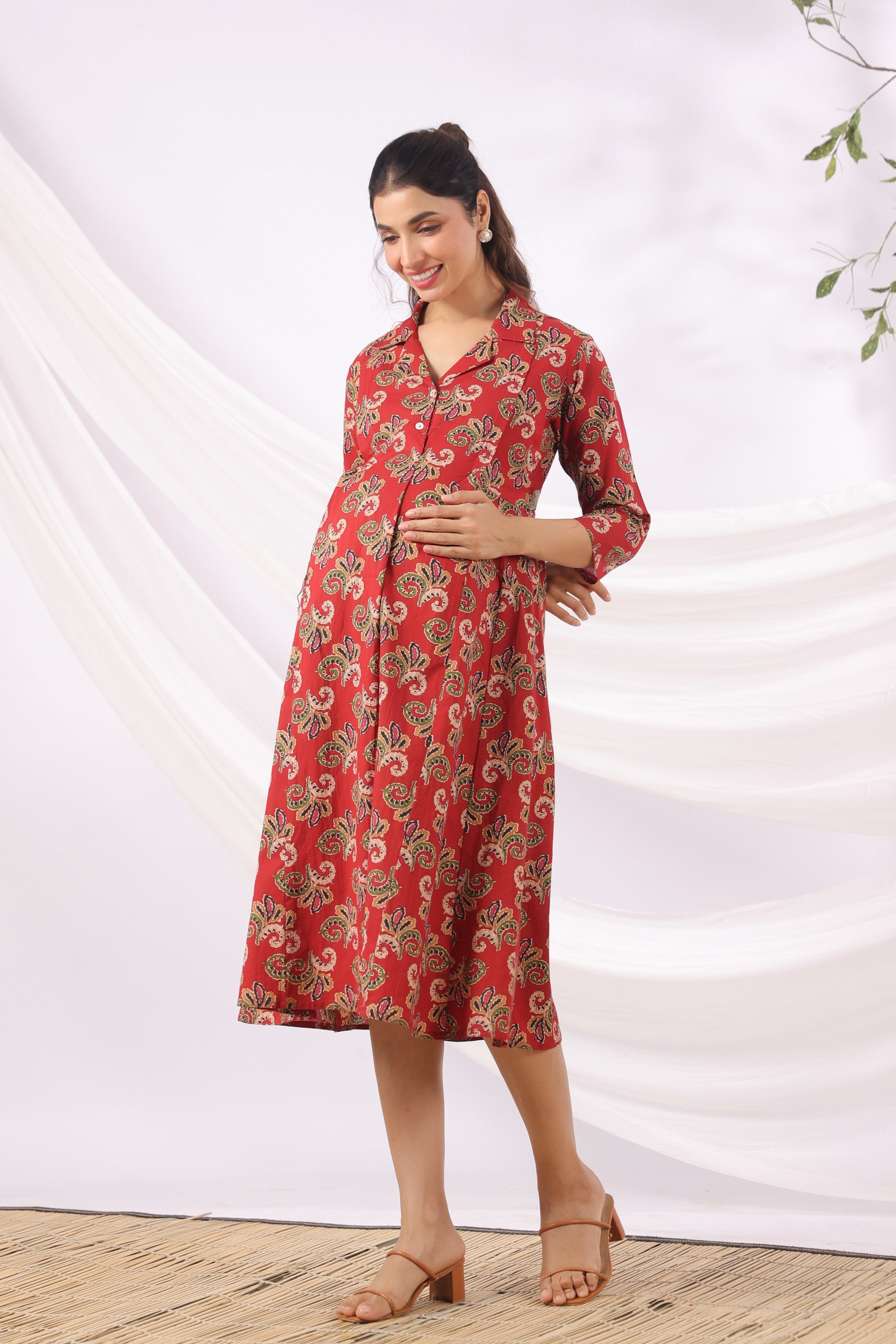 Rajasthani Leaf Motif Cotton Maternity - Nursing Dress