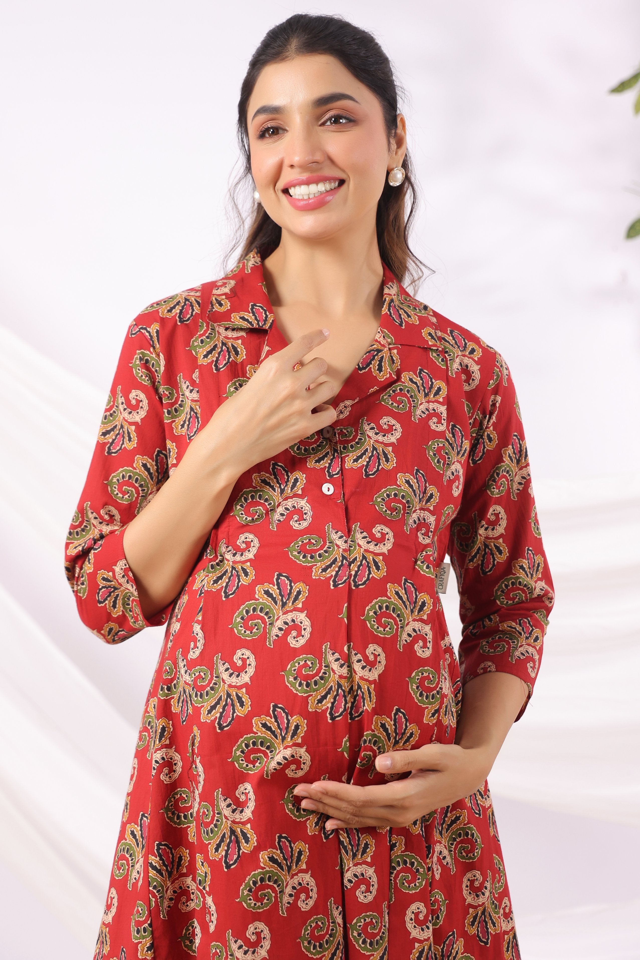 Rajasthani Leaf Motif Cotton Maternity - Nursing Dress