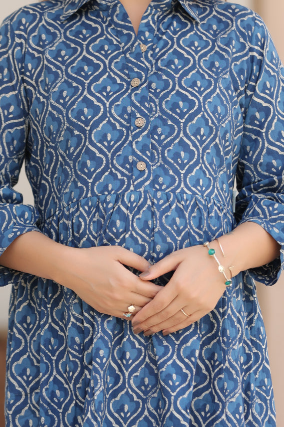 Classic Indigo Cotton Maternity - Nursing Dress