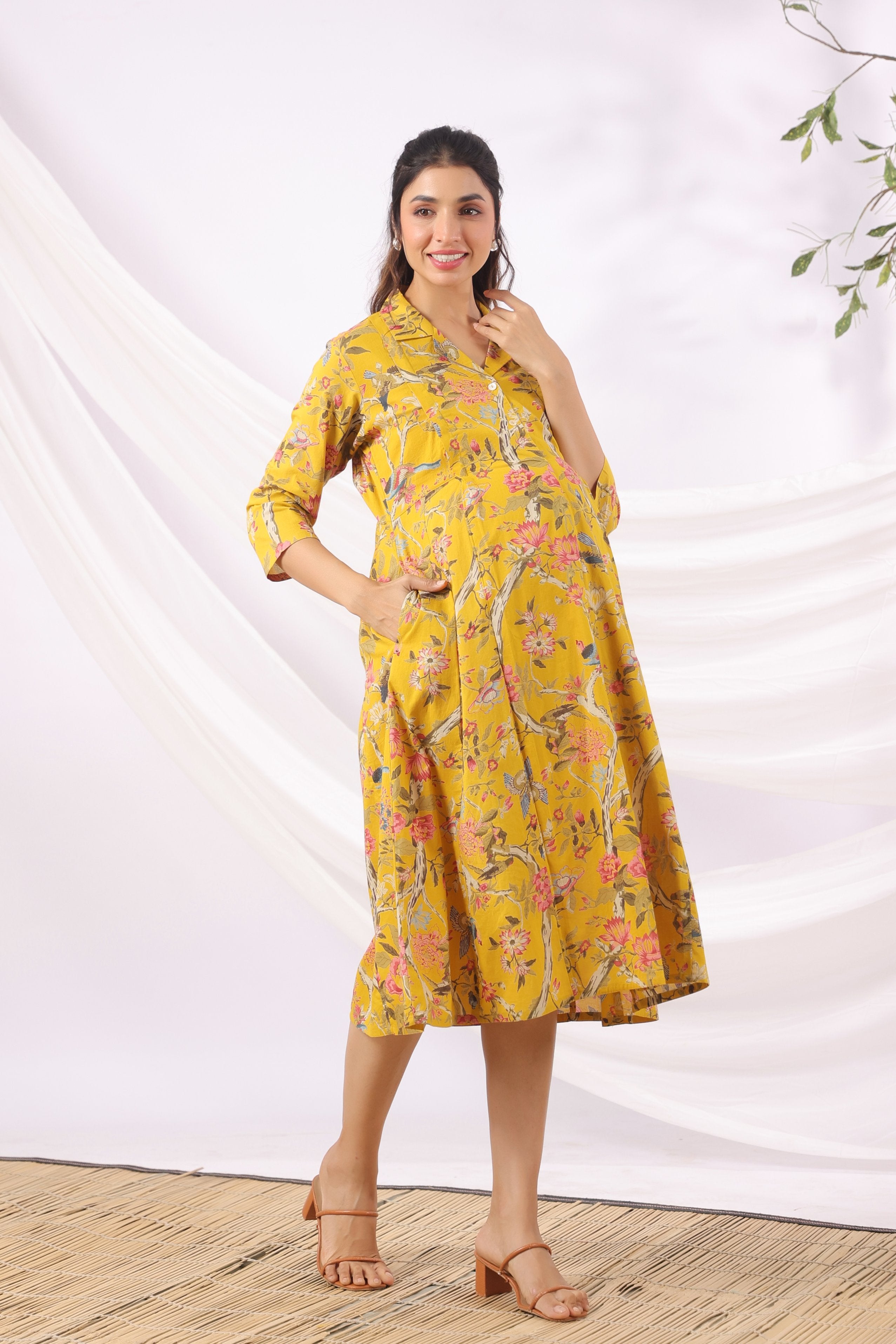 Sunrise Flora Birds Cotton Maternity - Nursing Dress