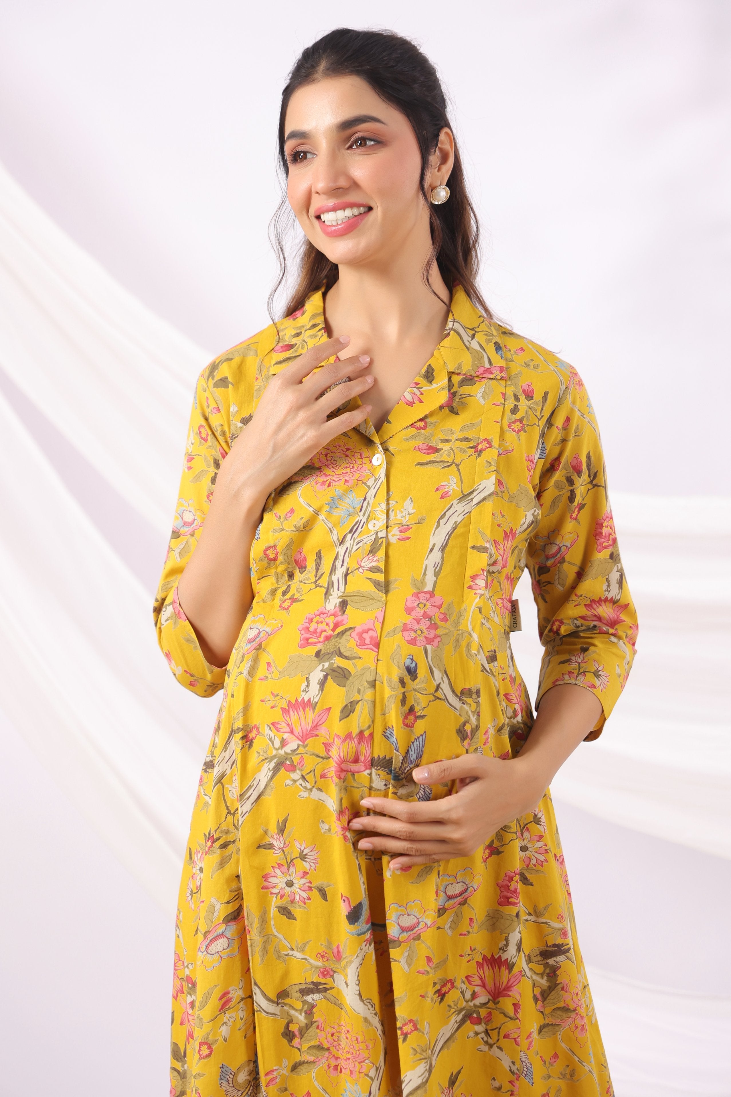 Sunrise Flora Birds Cotton Maternity - Nursing Kurta
