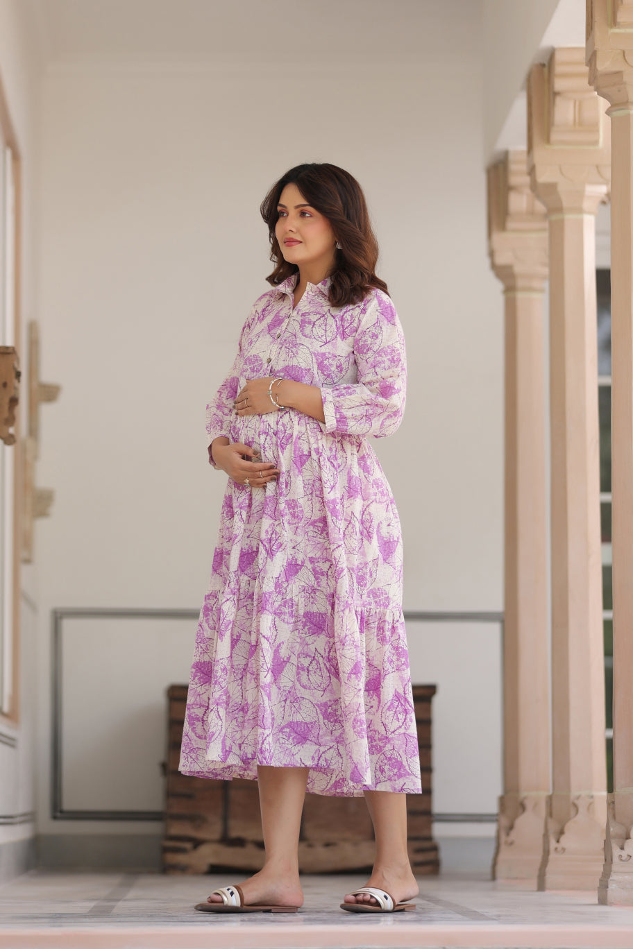 Lavender Leaves Cotton Maternity - Nursing Dress