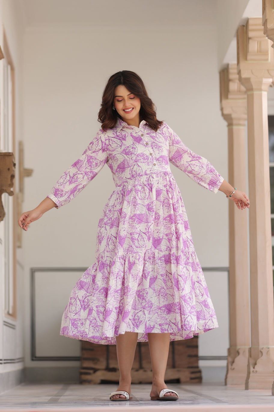 Lavender Leaves Cotton Maternity - Nursing Dress