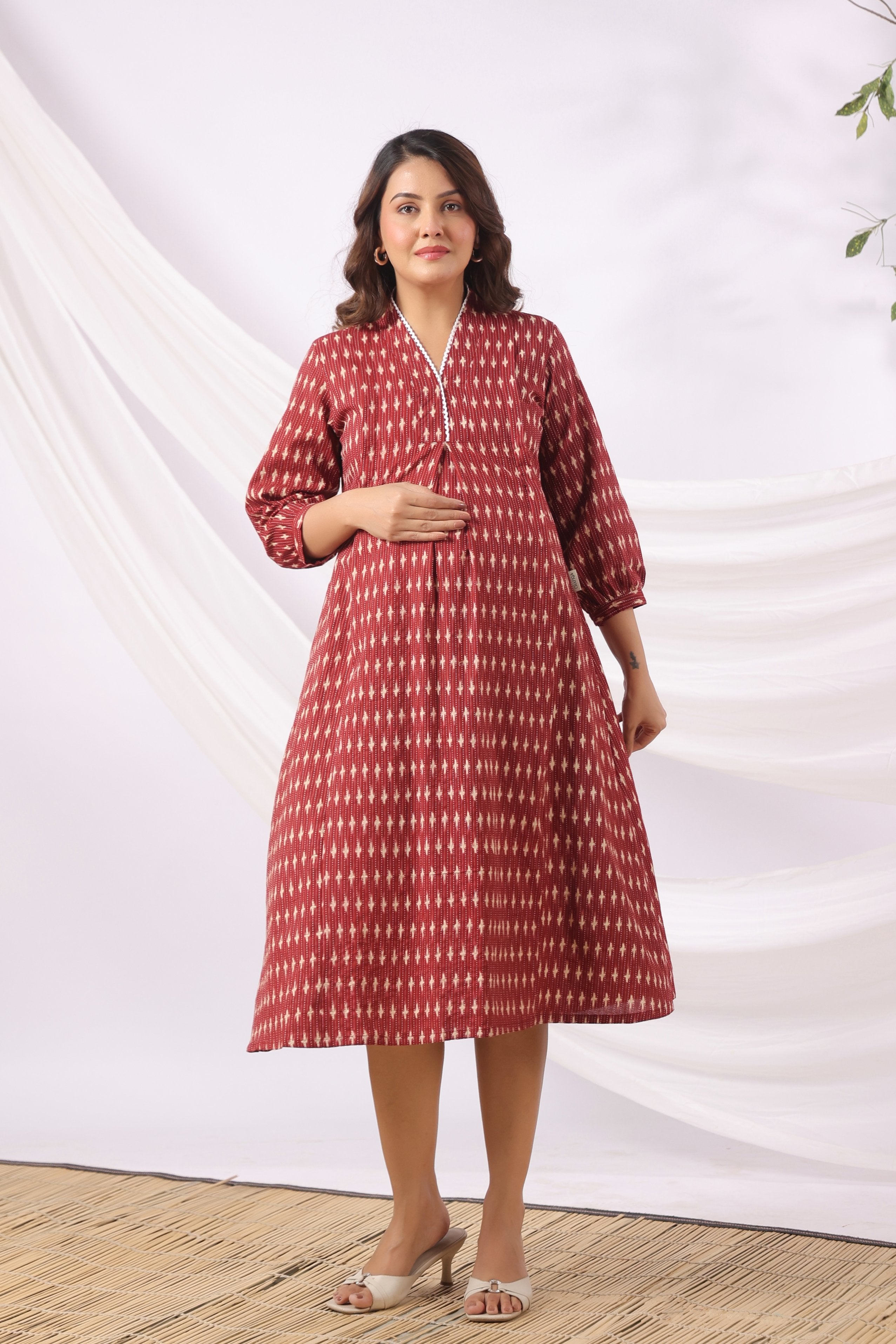 Maroon Micro Ikat Cotton Maternity - Nursing Dress