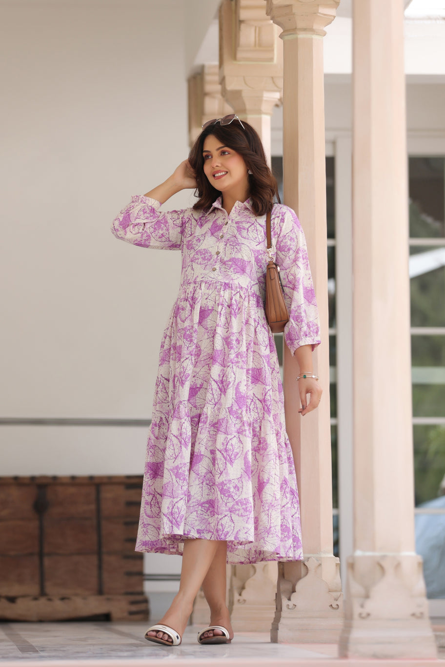 Lavender Leaves Cotton Maternity - Nursing Dress