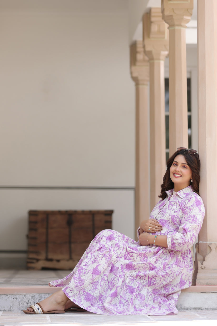 Lavender Leaves Cotton Maternity - Nursing Dress