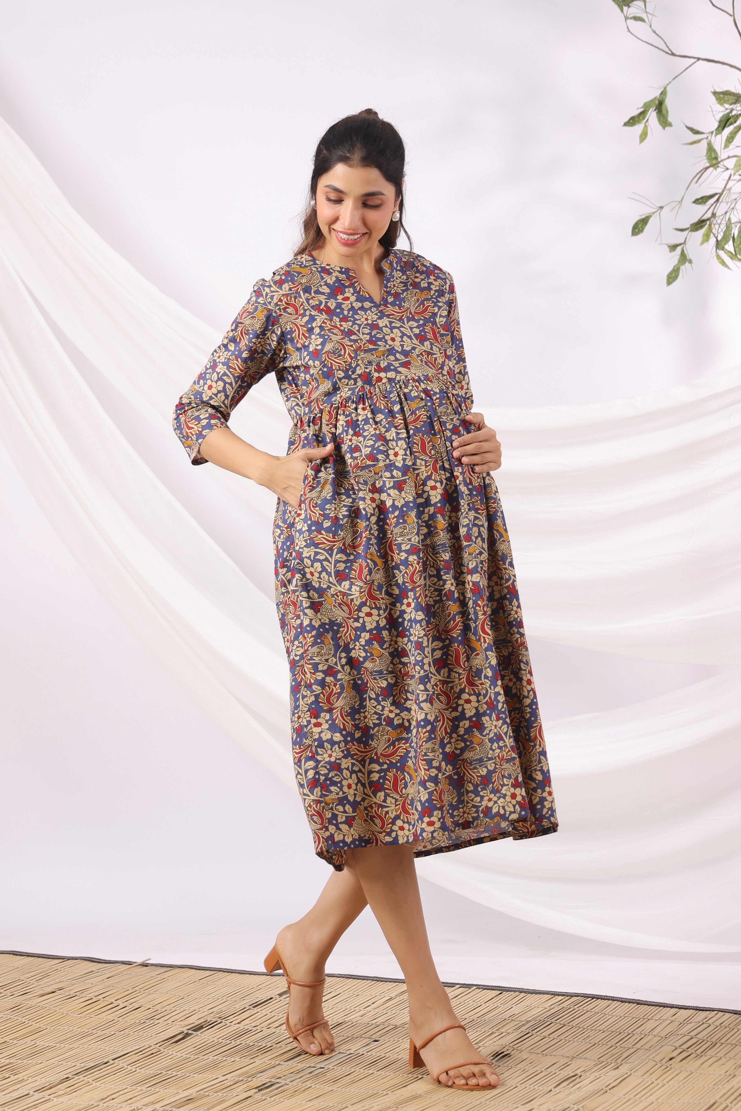 Purple Kalamkari Bird Paradise Cotton Maternity - Nursing Dress