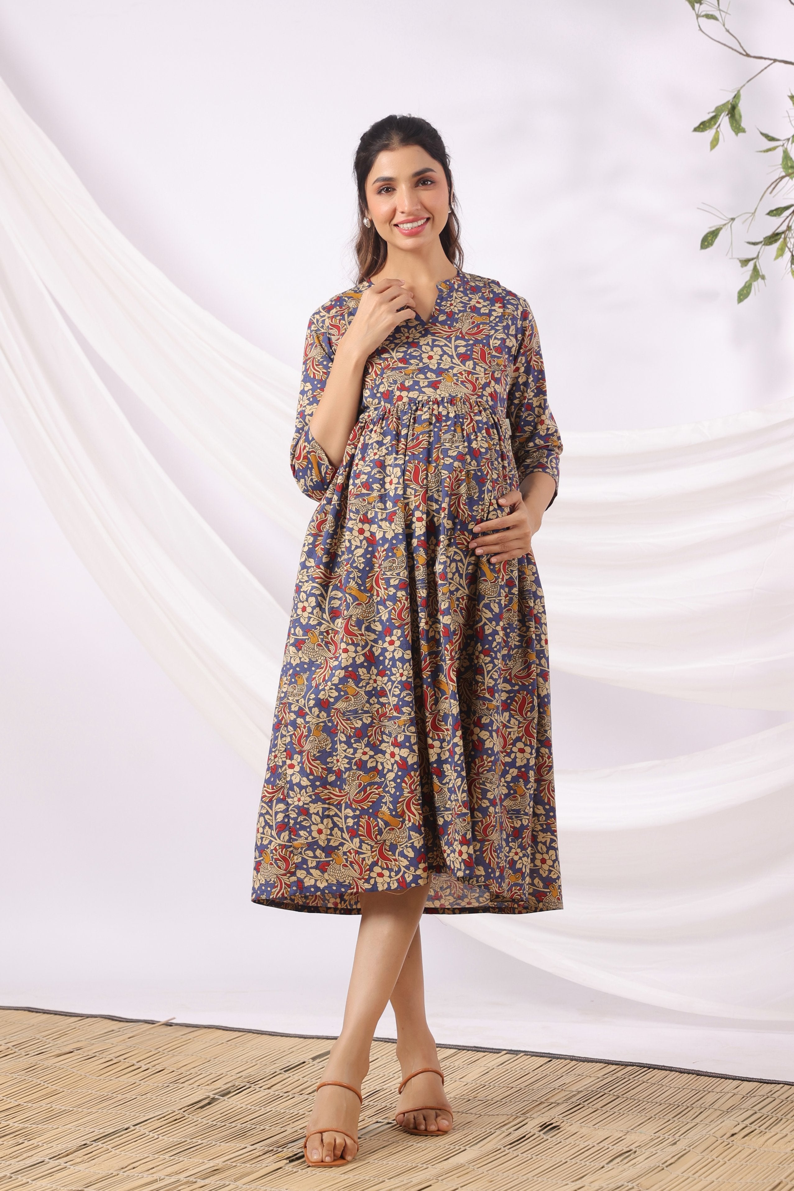 Purple Kalamkari Bird Paradise Cotton Maternity - Nursing Dress