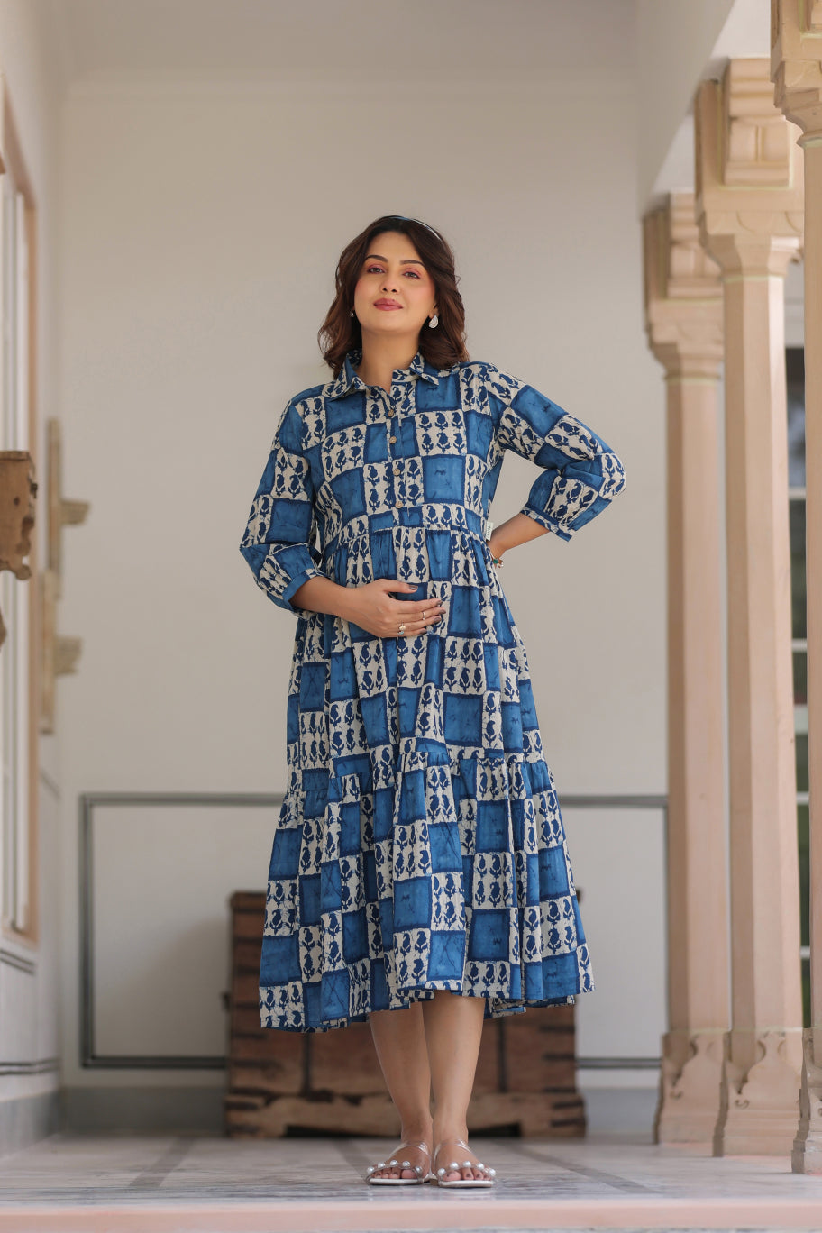 Indigo Jharokha Cotton Maternity - Nursing Dress