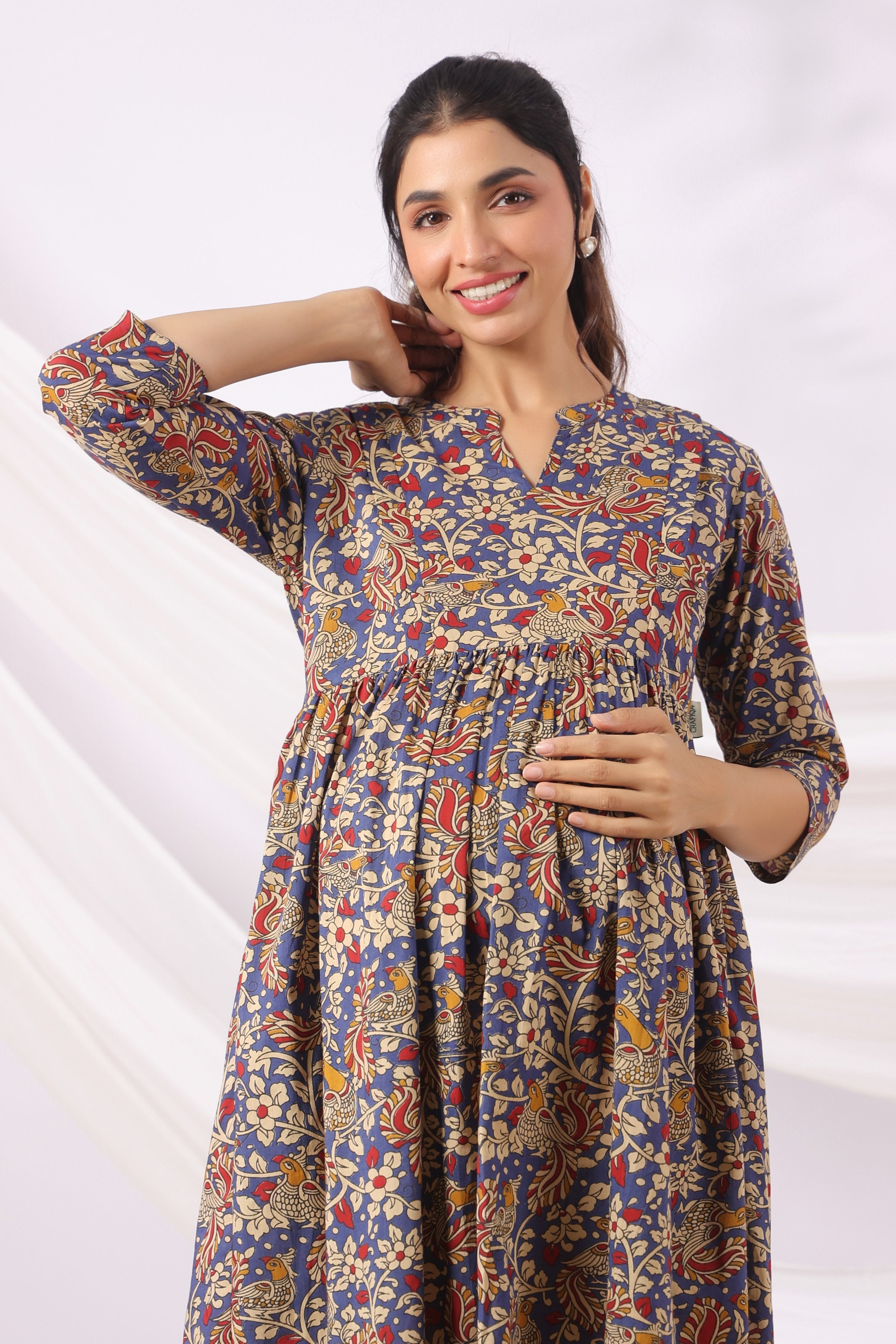 Purple Kalamkari Bird Paradise Cotton Maternity - Nursing Kurta