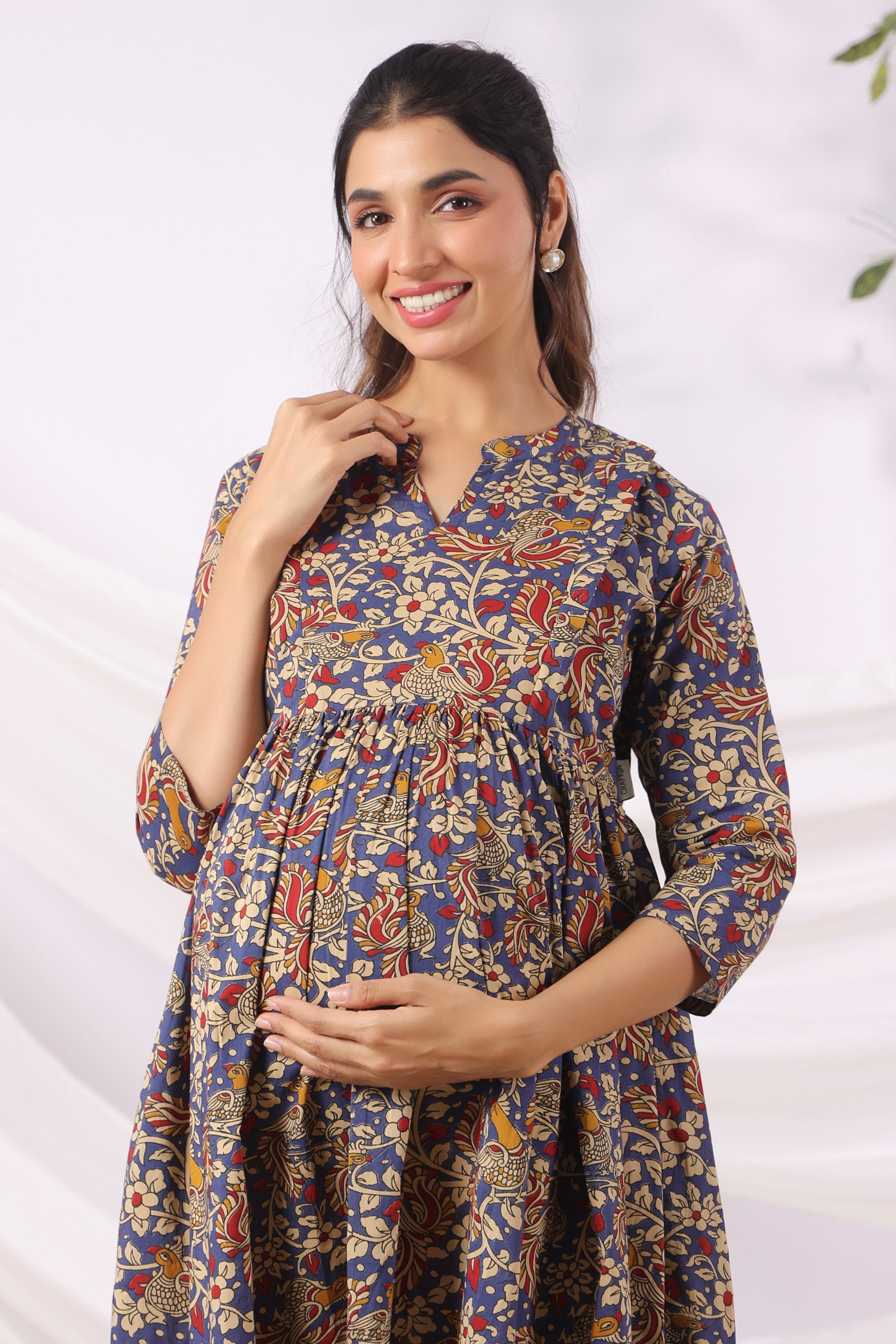 Purple Kalamkari Bird Paradise Cotton Maternity - Nursing Dress