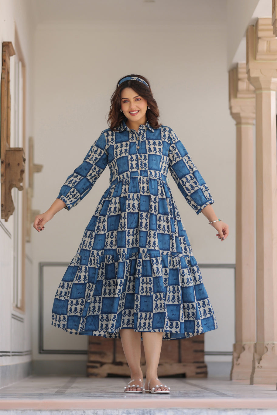 Indigo Jharokha Cotton Maternity - Nursing Dress