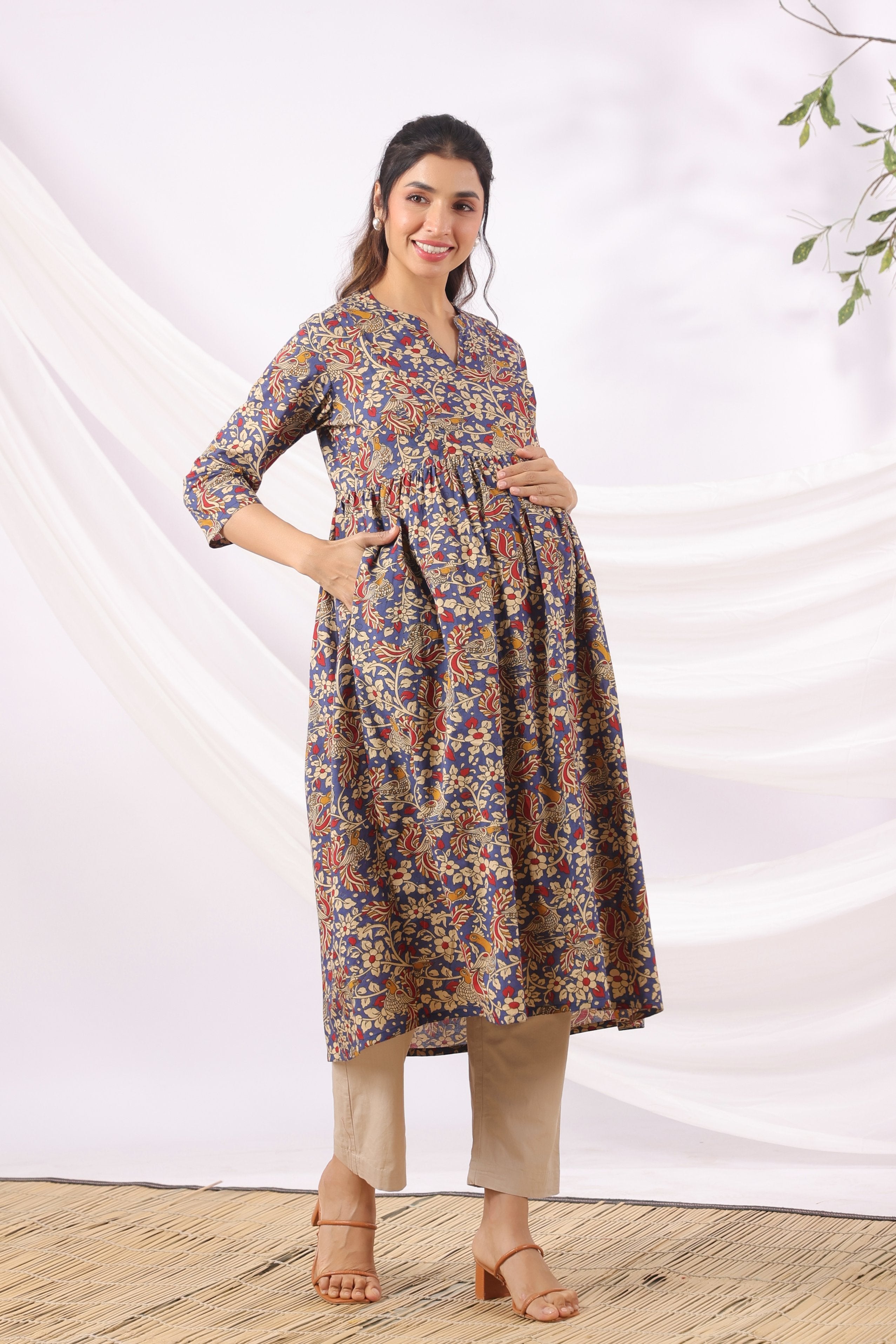 Purple Kalamkari Bird Paradise Cotton Maternity - Nursing Kurta