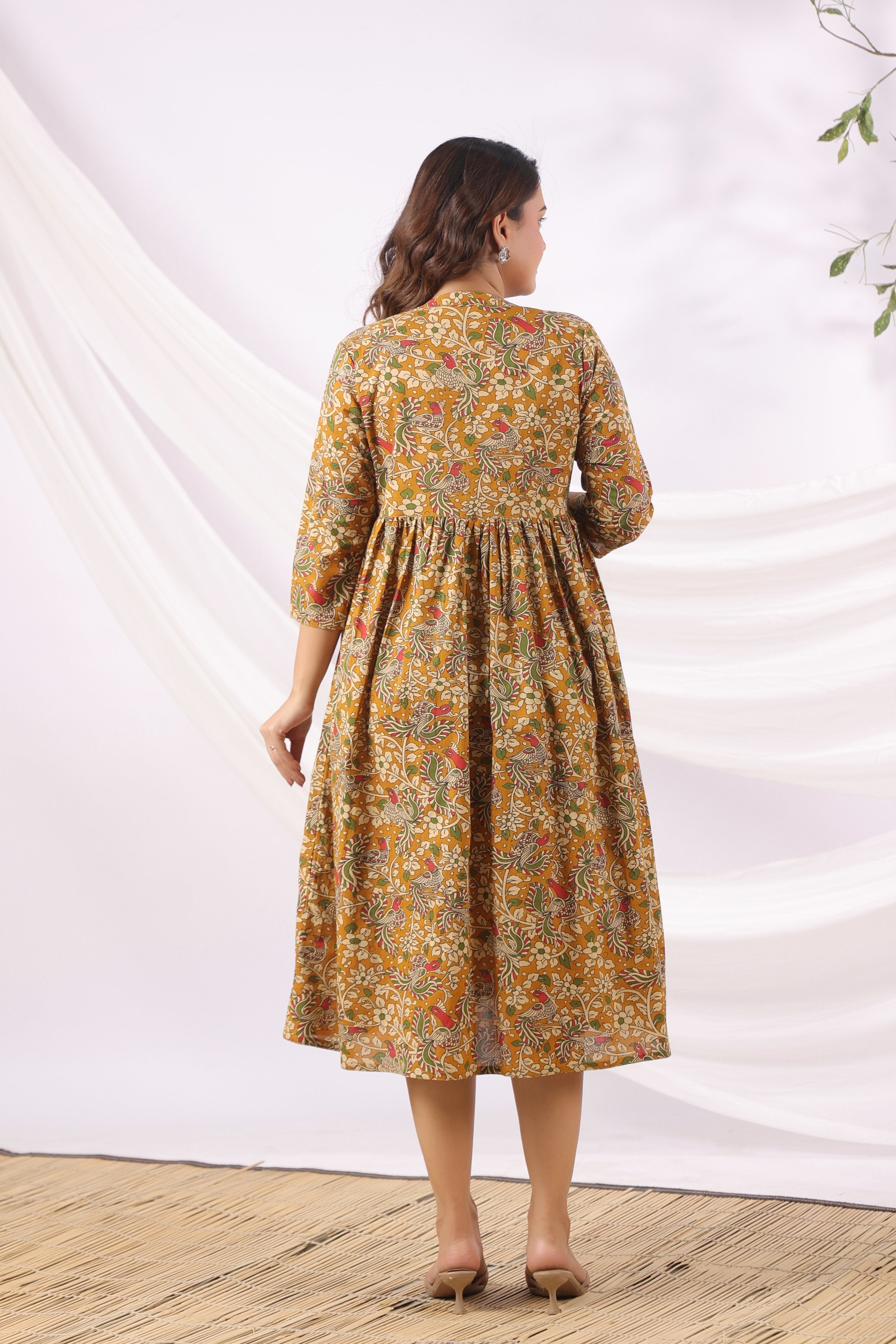 Mustard Kalamkari Bird Paradise Cotton Maternity - Nursing Dress