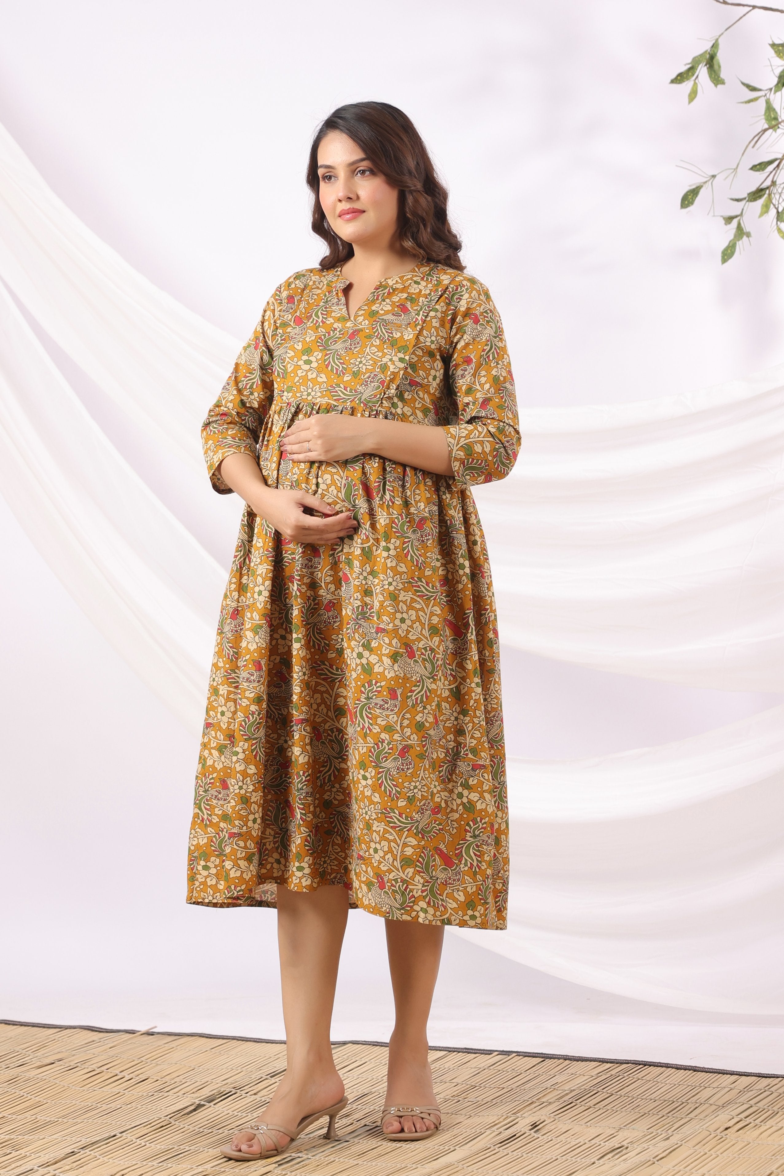 Mustard Kalamkari Bird Paradise Cotton Maternity - Nursing Dress