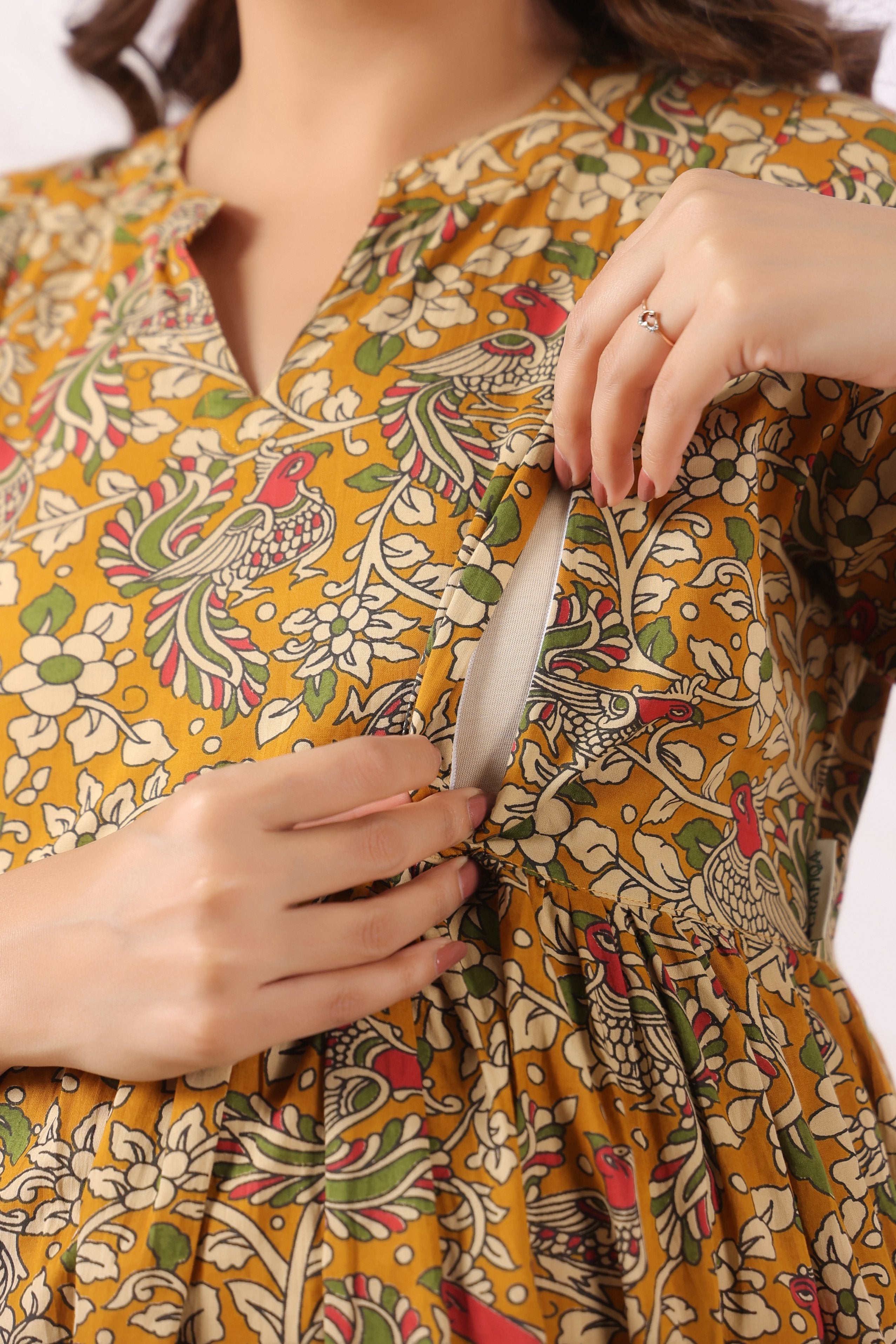 Mustard Kalamkari Bird Paradise Cotton Maternity - Nursing Kurta