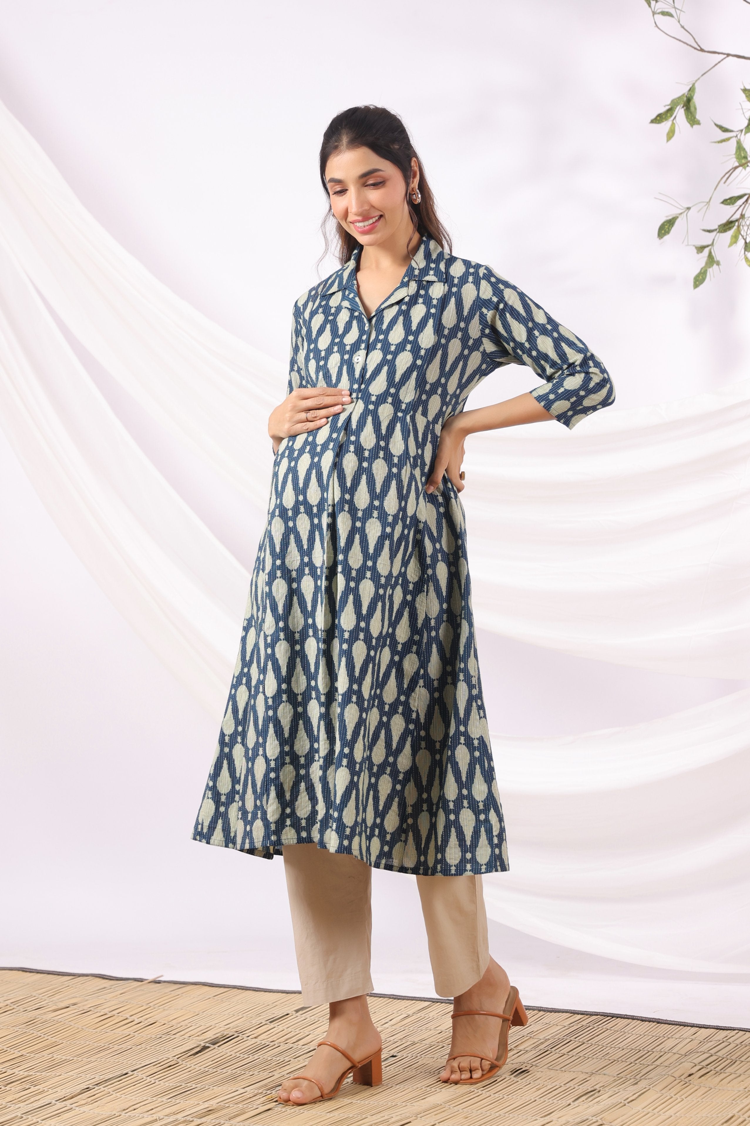 Navy Ikat Raindrop Cotton Maternity - Nursing Kurta