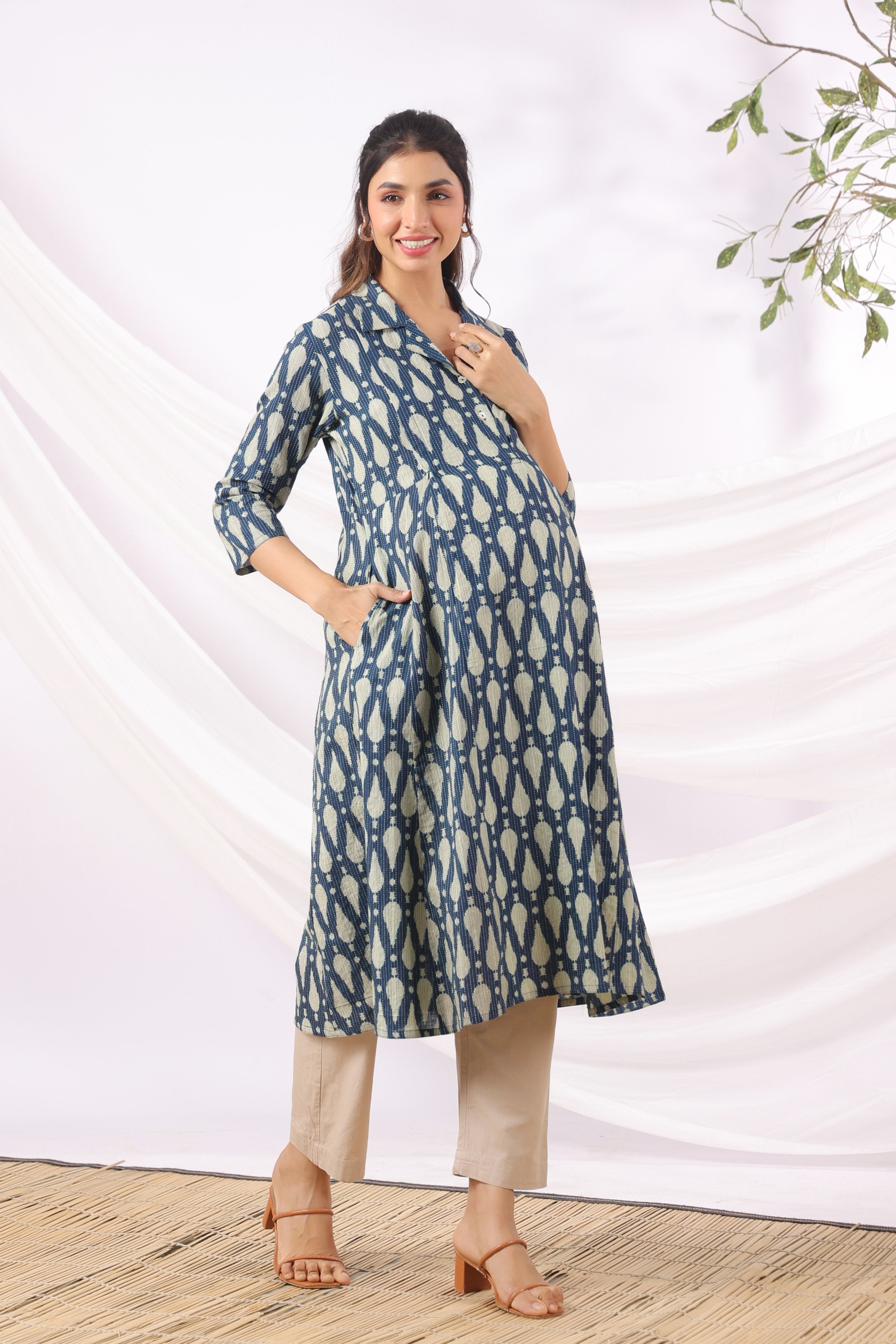 Navy Ikat Raindrop Cotton Maternity - Nursing Kurta