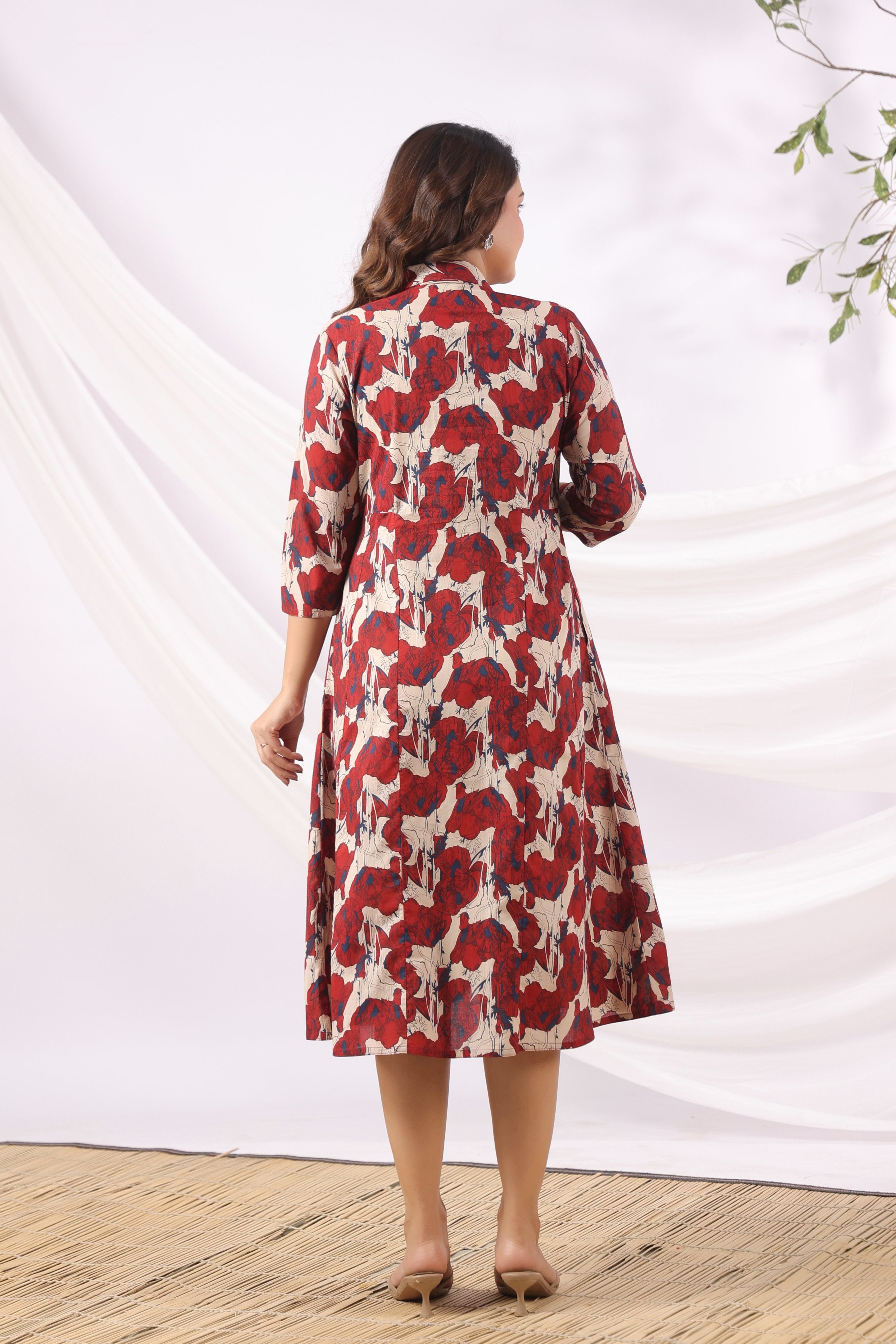 Red Blossom Wave Cotton Maternity - Nursing Dress