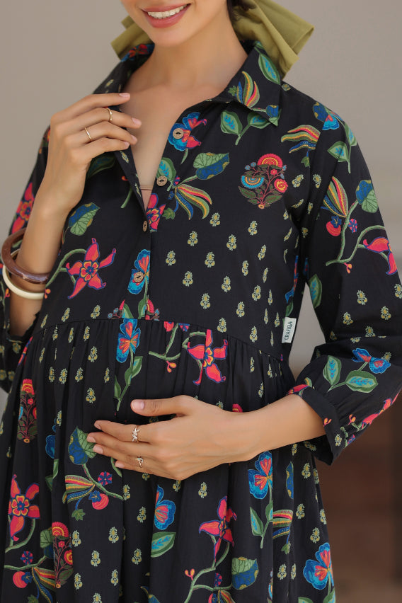Wildflower Noir Cotton Maternity - Nursing Dress